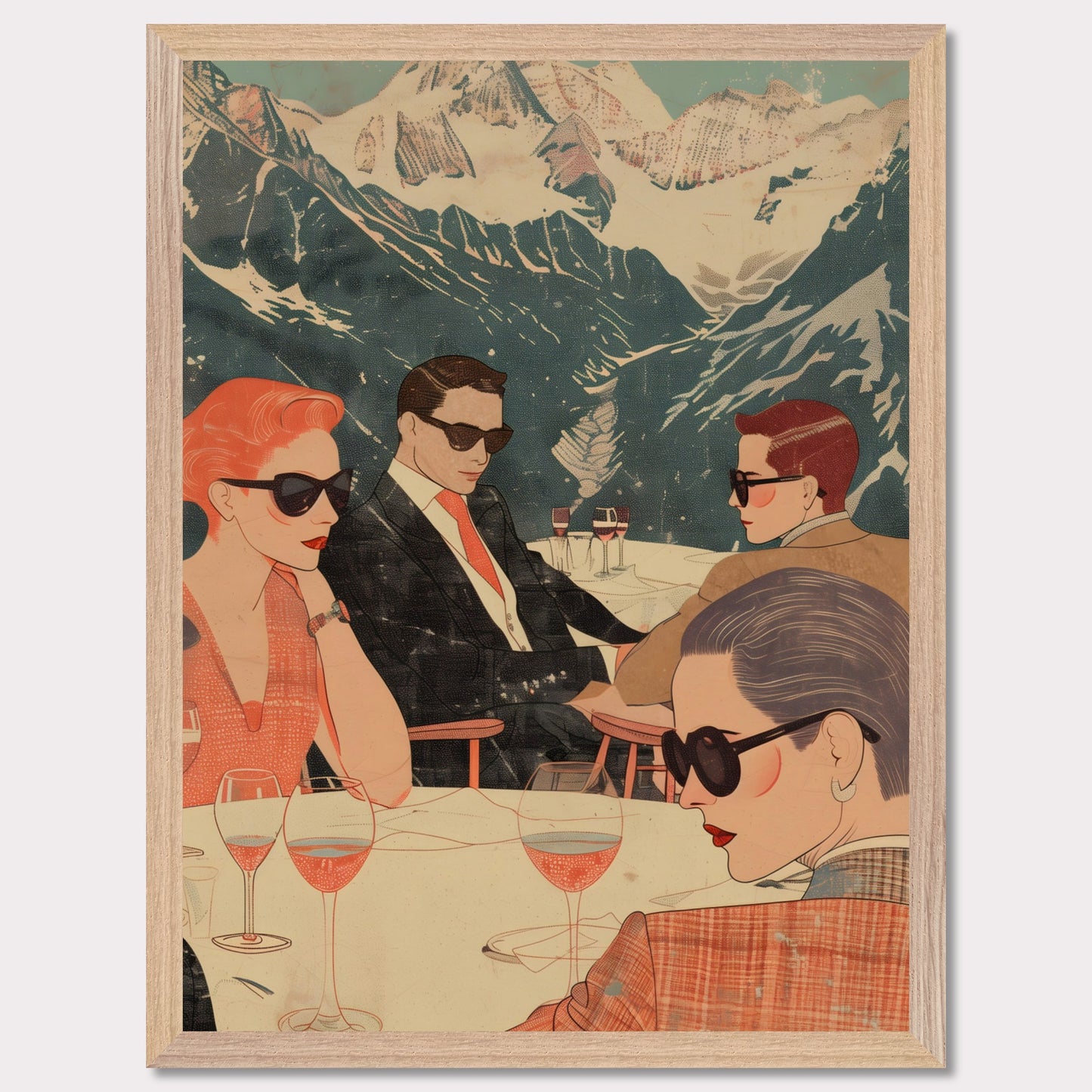 This captivating illustration depicts a stylish group of individuals enjoying a sophisticated gathering with a stunning mountain backdrop.