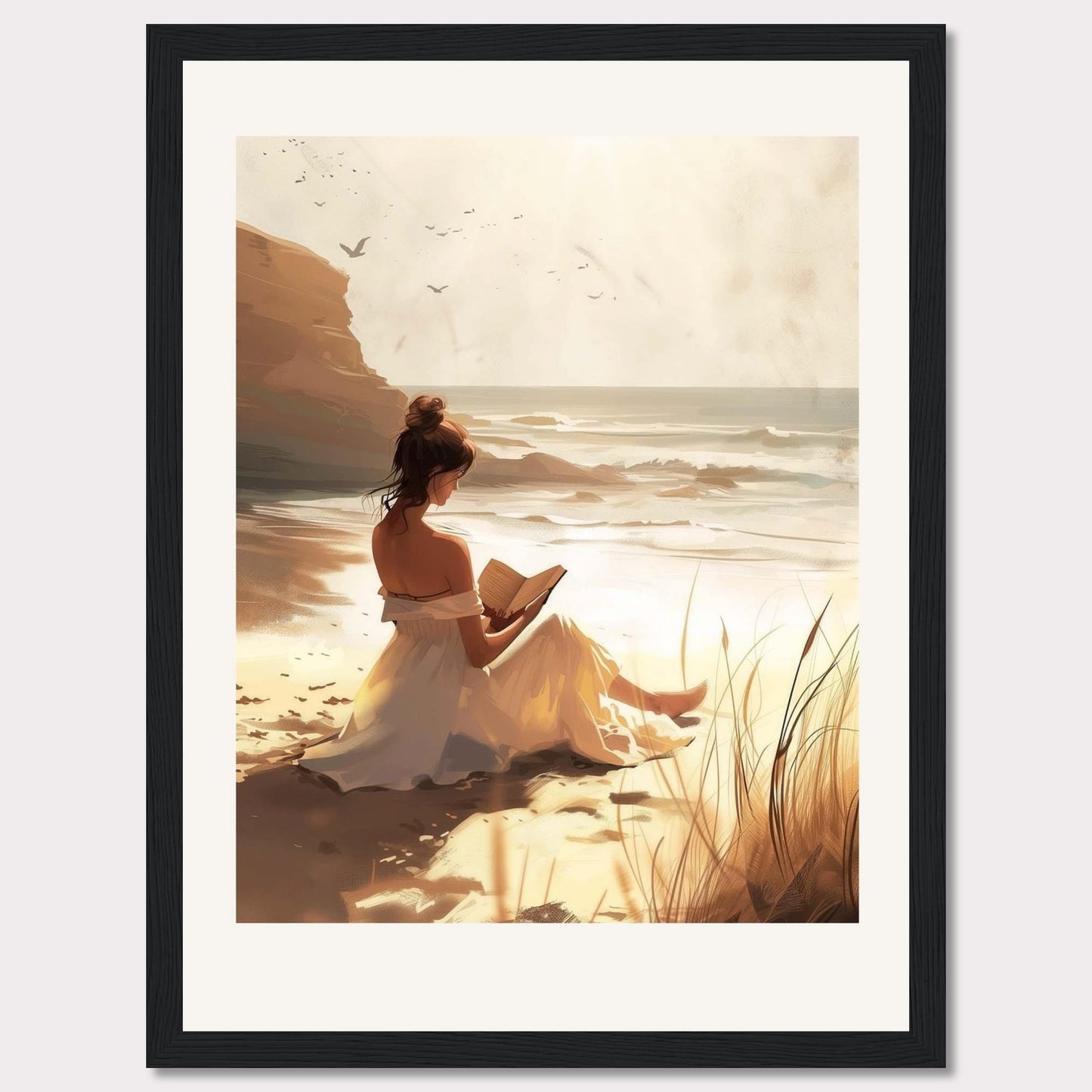 This serene artwork depicts a woman in a white dress sitting on a sandy beach, engrossed in a book. The sun casts a warm golden glow over the scene, enhancing the tranquil atmosphere. In the background, waves gently crash against the shore, and birds soar in the sky.