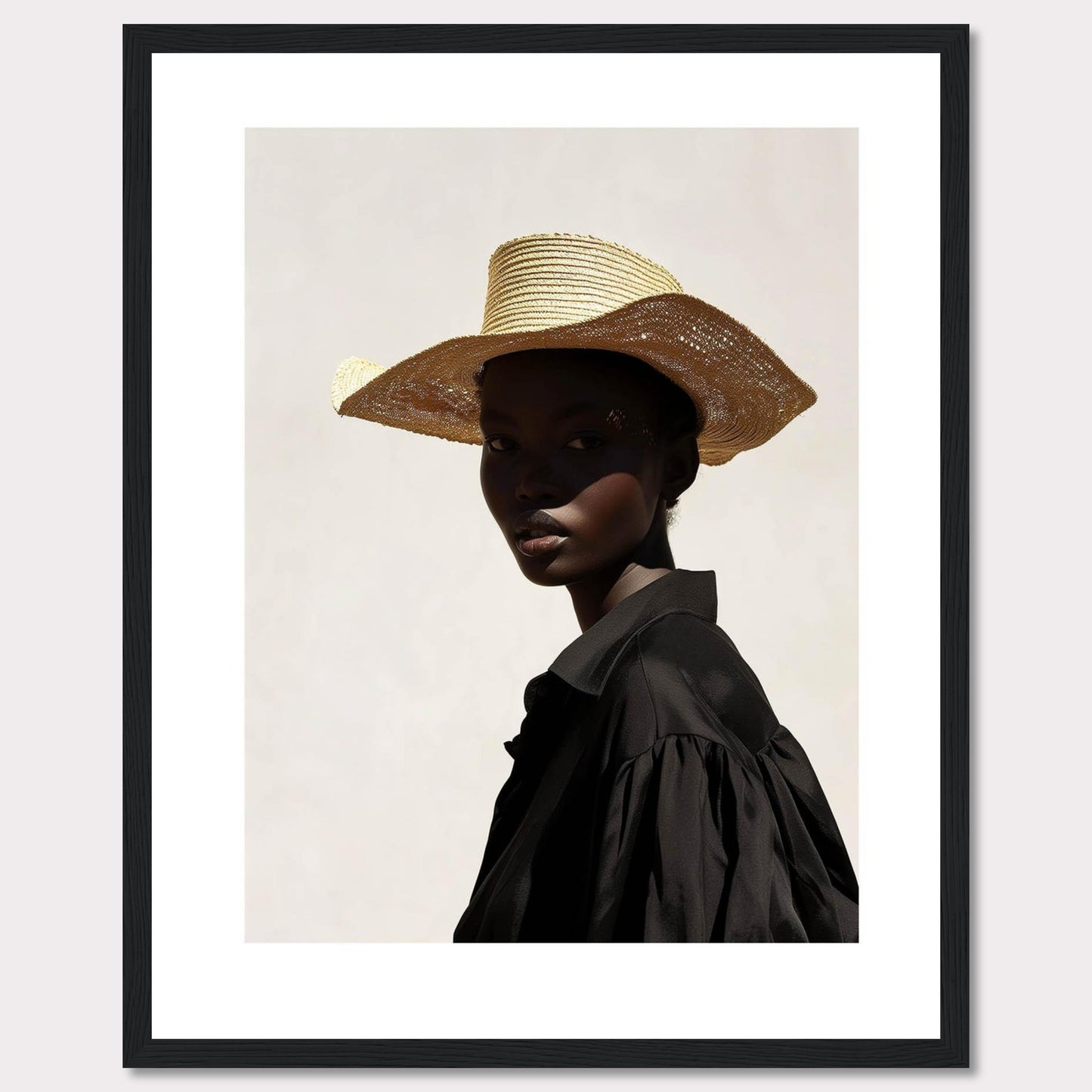 This striking portrait features a person wearing a wide-brimmed straw hat and a black outfit, set against a minimalist light background. The play of light and shadow adds depth and intrigue to the image.