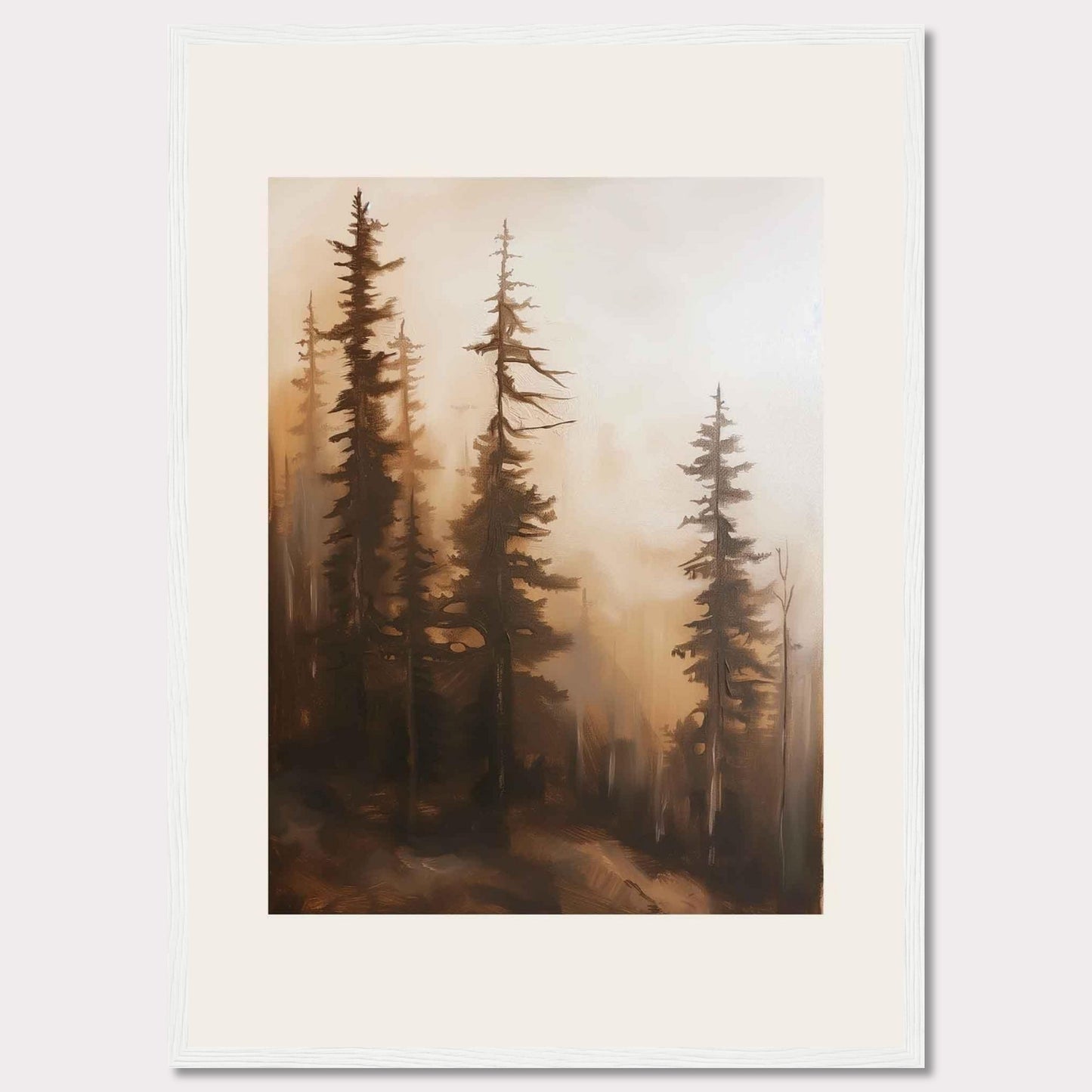 This captivating artwork features a serene forest scene enveloped in mist, evoking a sense of tranquility and mystery. The tall, slender trees stand majestically, their branches reaching out into the foggy atmosphere. The soft, warm hues create a calming ambiance, making it a perfect addition to any living space.