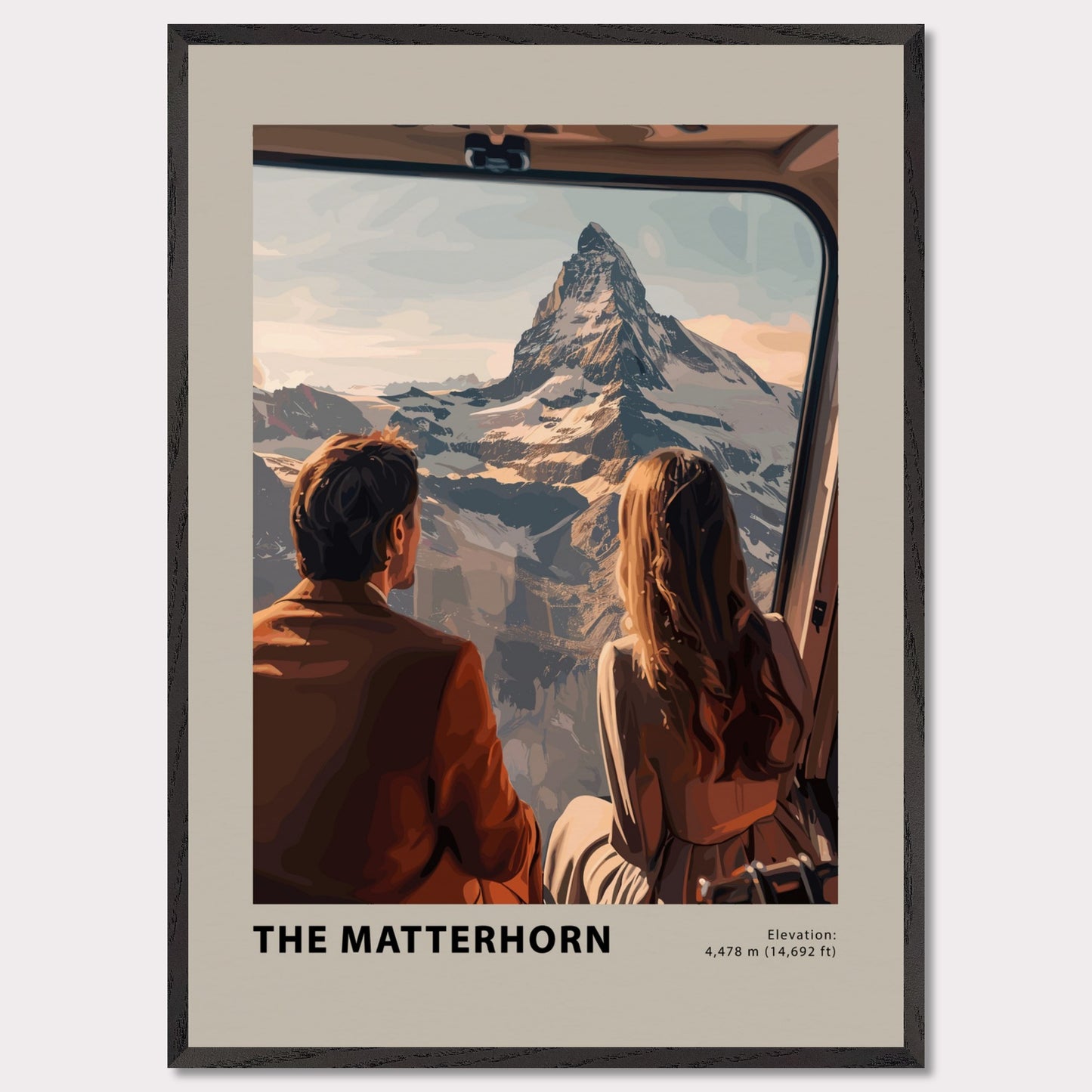 This image showcases a stunning view of the Matterhorn, with two individuals gazing at the majestic mountain from a window. The scene captures the awe-inspiring beauty of the snow-capped peak under a serene sky.