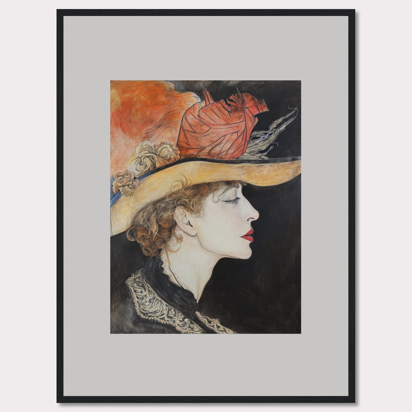 This captivating artwork features a side profile of a woman wearing an elegant hat adorned with feathers and flowers. The detailed illustration showcases her serene expression, accentuated by bold red lips and delicate curls framing her face. The background contrasts beautifully with the vibrant colors of the hat, adding depth to the portrait.