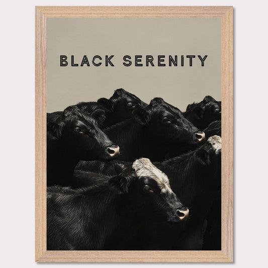 This image showcases a serene group of black cows, with one cow featuring a distinctive white marking on its head. The title "BLACK SERENITY" is prominently displayed at the top, emphasizing the calm and peaceful nature of the scene.