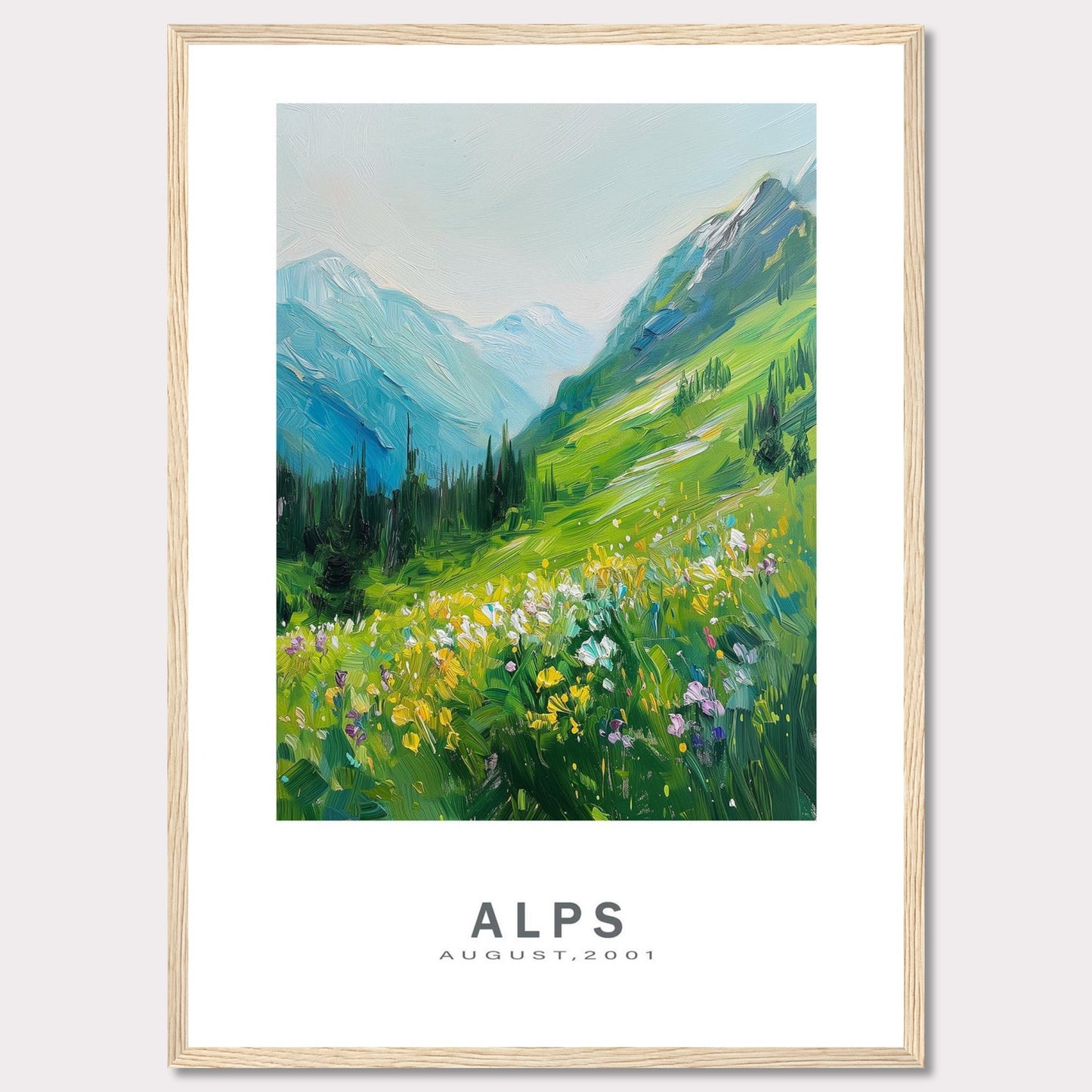 This beautiful framed artwork captures a vibrant and serene landscape of the Alps in August 2001. The painting showcases lush green mountains, colorful wildflowers, and a tranquil sky.