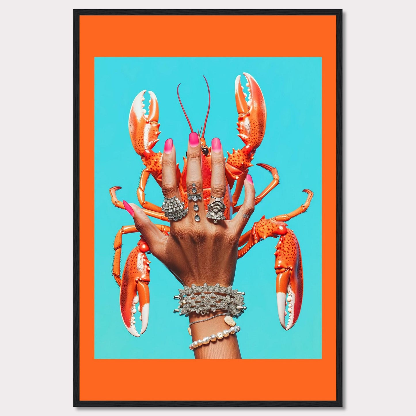 This vibrant and quirky artwork features a hand adorned with luxurious rings and bracelets, holding a bright orange lobster against a vivid blue background. The contrast between the bold colors and the intricate jewelry creates a striking visual impact.