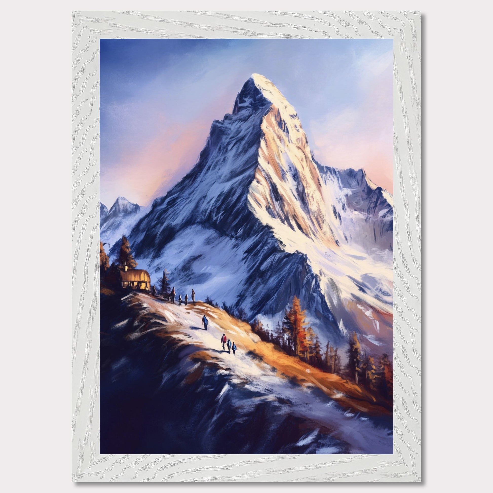 This atmospheric poster captures the awe-inspiring beauty of Zermatt, emphasizing the grandeur of the Matterhorn as it towers over a snow-dusted trail bathed in golden light. The soft, painterly style evokes a sense of tranquility and adventure, blending the rugged alpine landscape with the warmth of human activity.