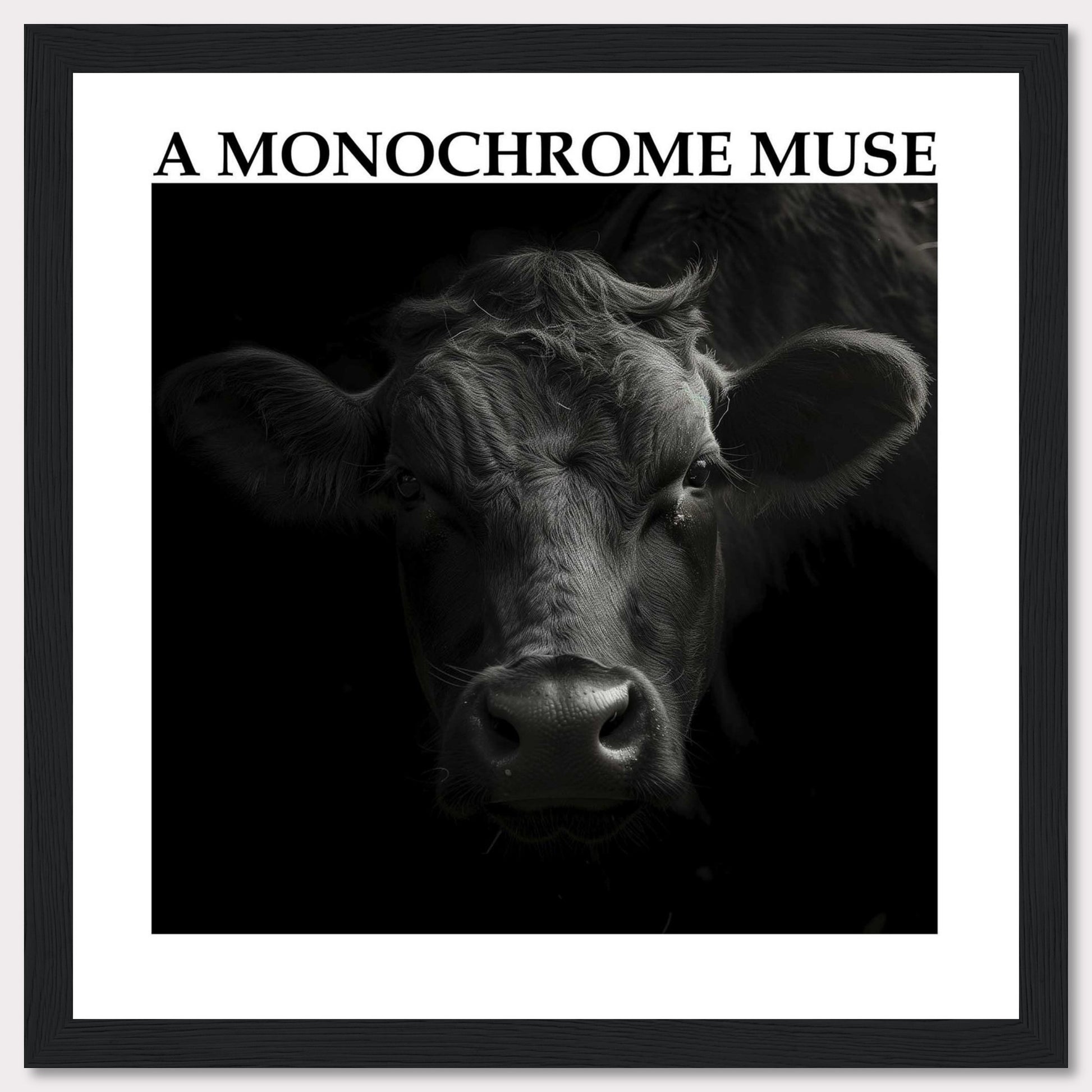 This striking black and white photograph captures the intense gaze of a cow, bringing out its raw beauty and strength. The monochrome effect adds depth and drama to the image, making it a captivating piece of art.