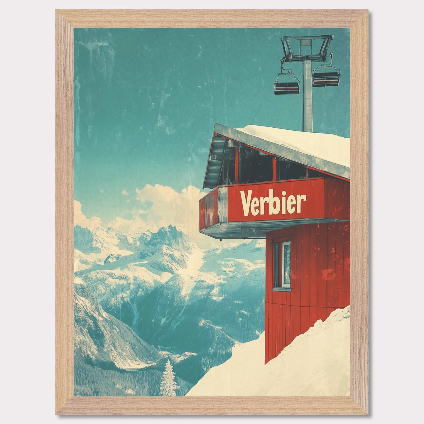 This vintage-inspired poster showcases a modern gondola station perched high above Verbier’s slopes. The gondola’s red cabin stands out against the pristine white snow, with majestic alpine peaks framing the view. The soft blue sky, accented by the vintage design, gives a timeless quality to the image. The simplicity and elegance of the gondola station invite viewers to imagine their own journey up the mountain, surrounded by the beauty of the Swiss Alps.