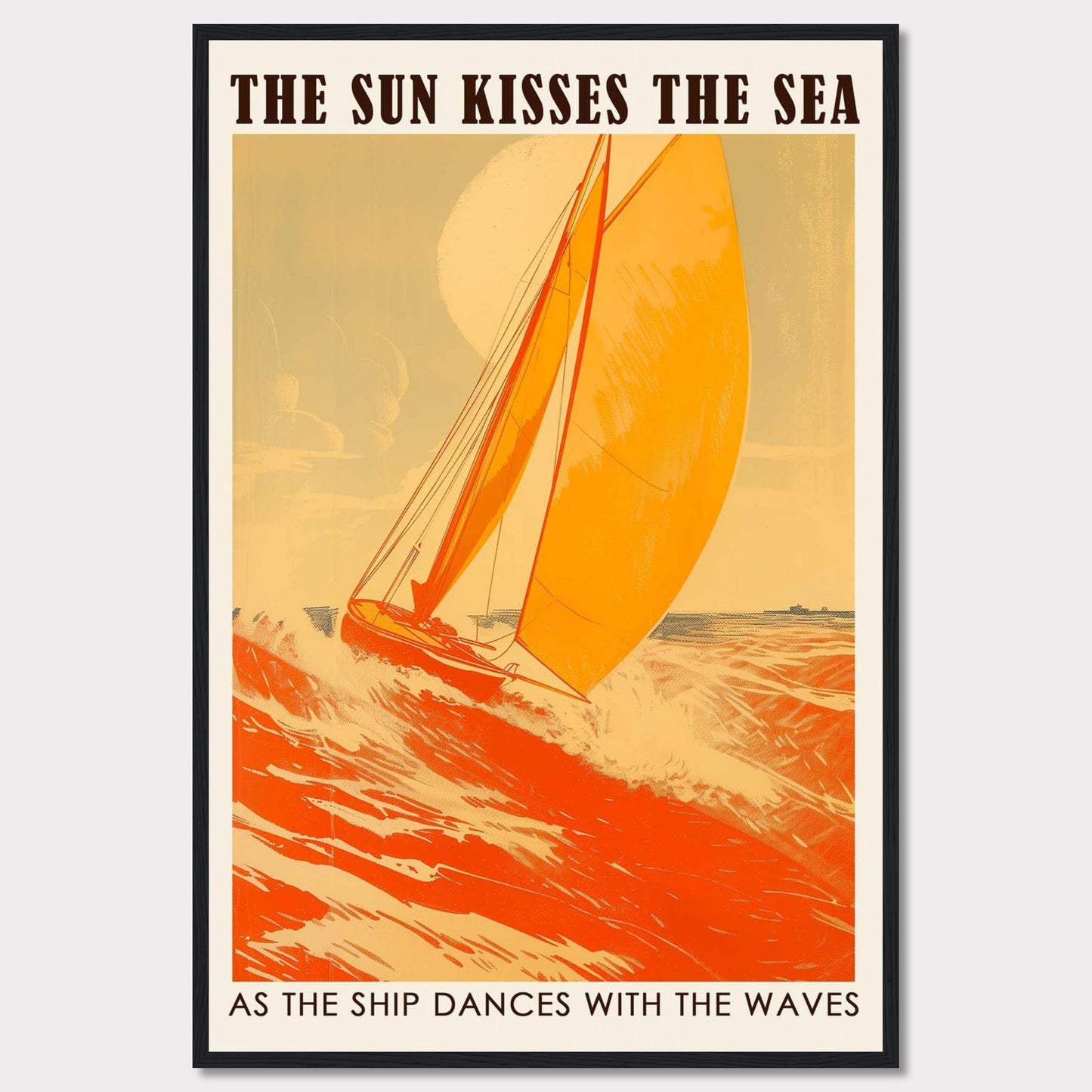 This vibrant poster captures the essence of sailing with a bright orange sailboat cutting through the waves under a warm sun. The bold text reads, "THE SUN KISSES THE SEA" and "AS THE SHIP DANCES WITH THE WAVES," evoking a sense of adventure and freedom.