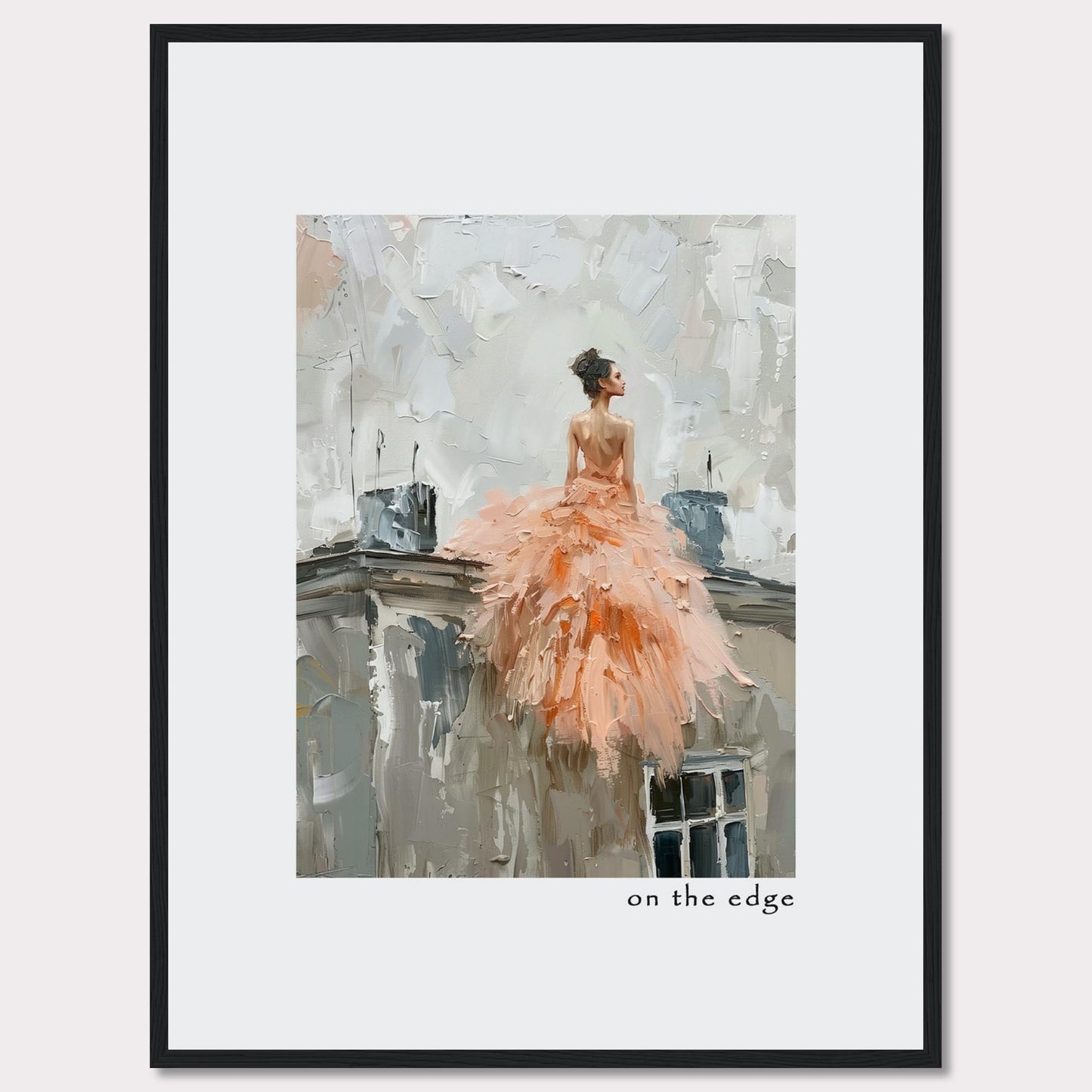 This captivating artwork depicts a woman in a flowing peach dress, standing on the edge of a rooftop. The painting's impressionistic style adds a dreamy, ethereal quality to the scene.