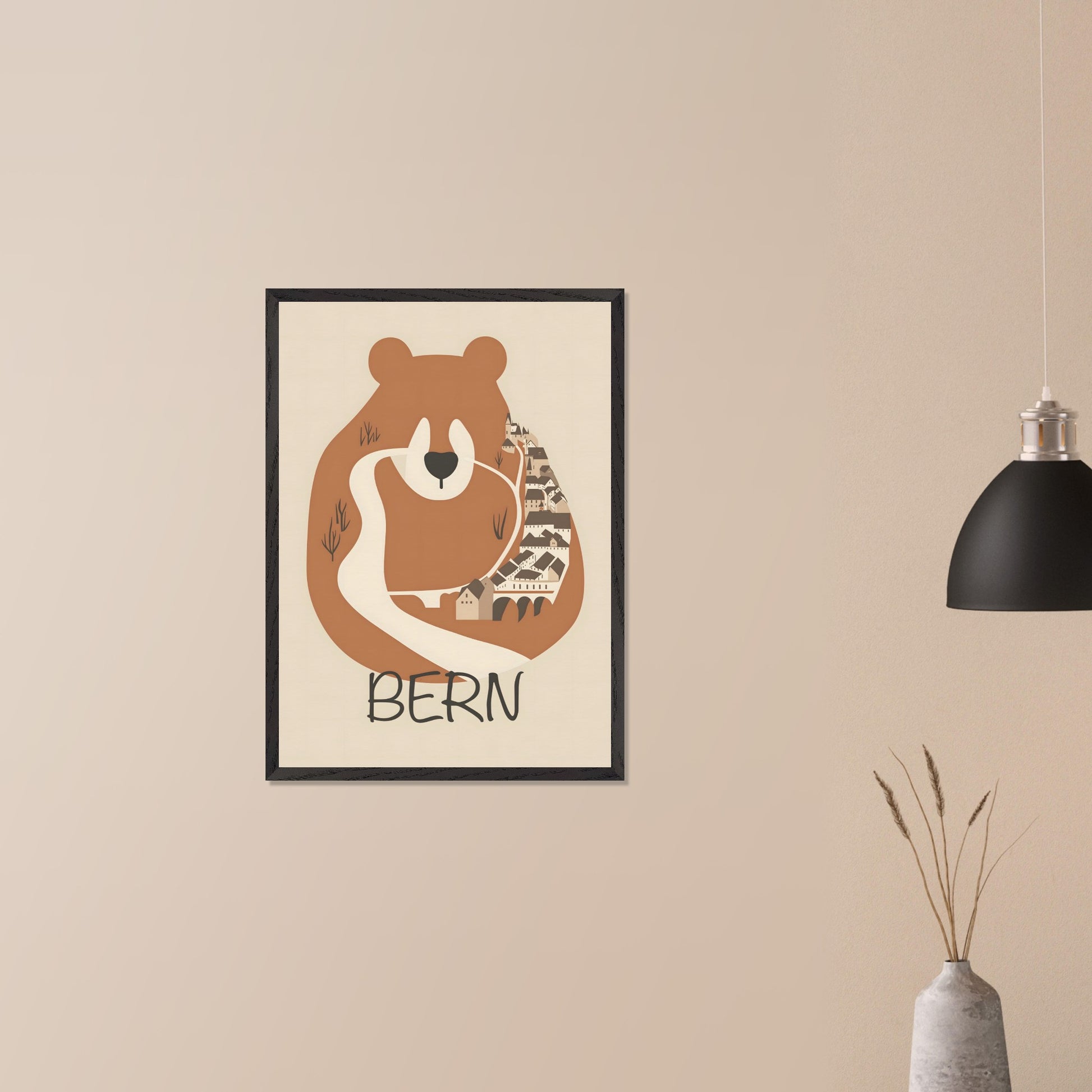 This charming poster features a stylized depiction of Bern, Switzerland, where the iconic bear—symbol of the city—seamlessly merges with the winding streets and historic architecture. The earthy tones and minimalist design evoke a sense of warmth and tradition, reflecting the city's rich history and natural surroundings.