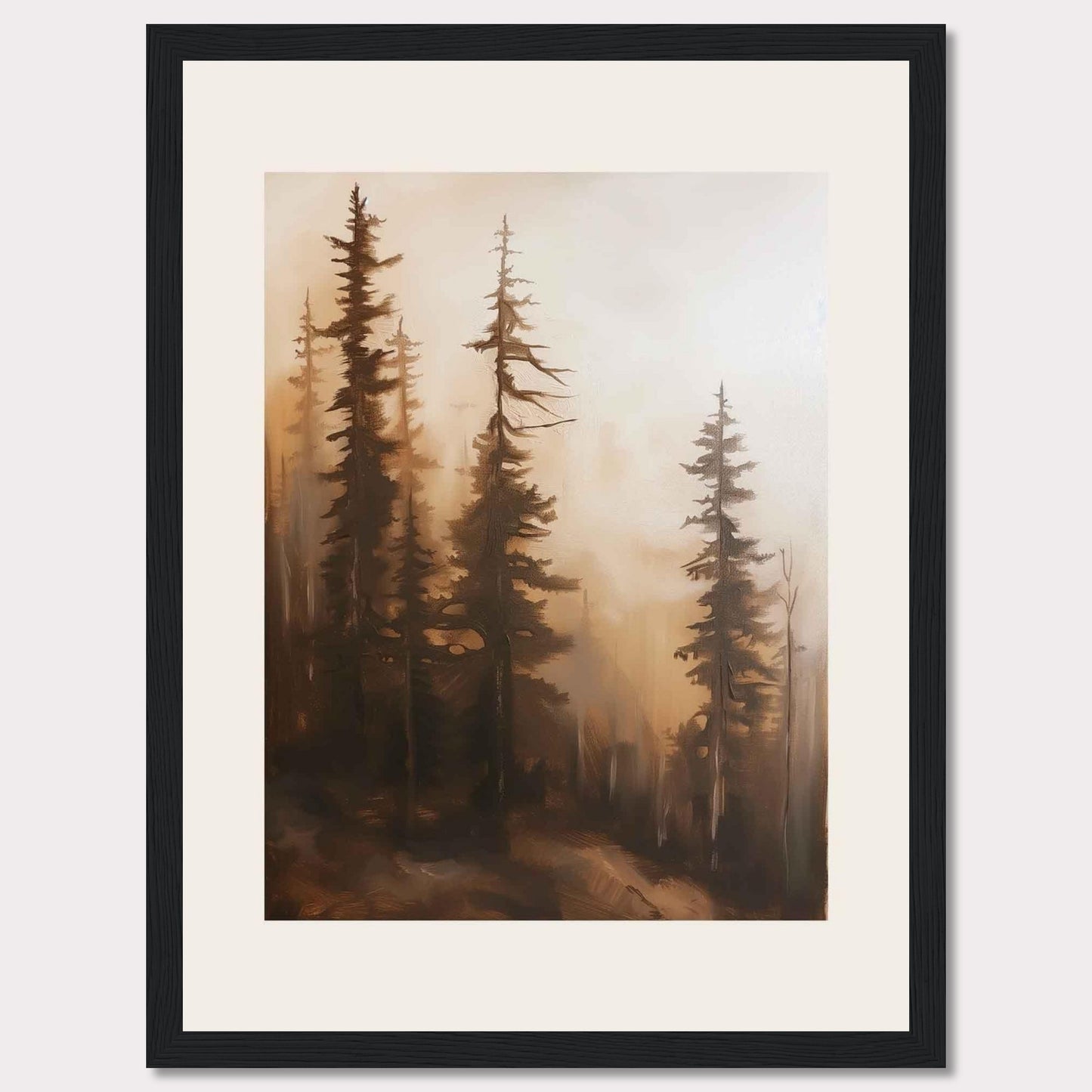 This captivating artwork features a serene forest scene enveloped in mist, evoking a sense of tranquility and mystery. The tall, slender trees stand majestically, their branches reaching out into the foggy atmosphere. The soft, warm hues create a calming ambiance, making it a perfect addition to any living space.