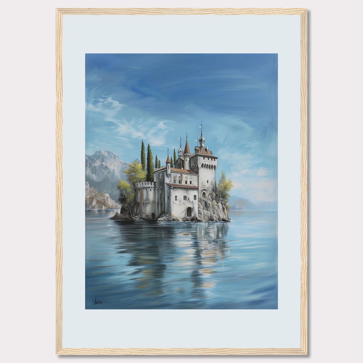 This stunning painting captures the serene beauty of a majestic castle perched on a small island, surrounded by calm waters. The scene is set against a backdrop of distant mountains and a clear blue sky, evoking a sense of tranquility and wonder.