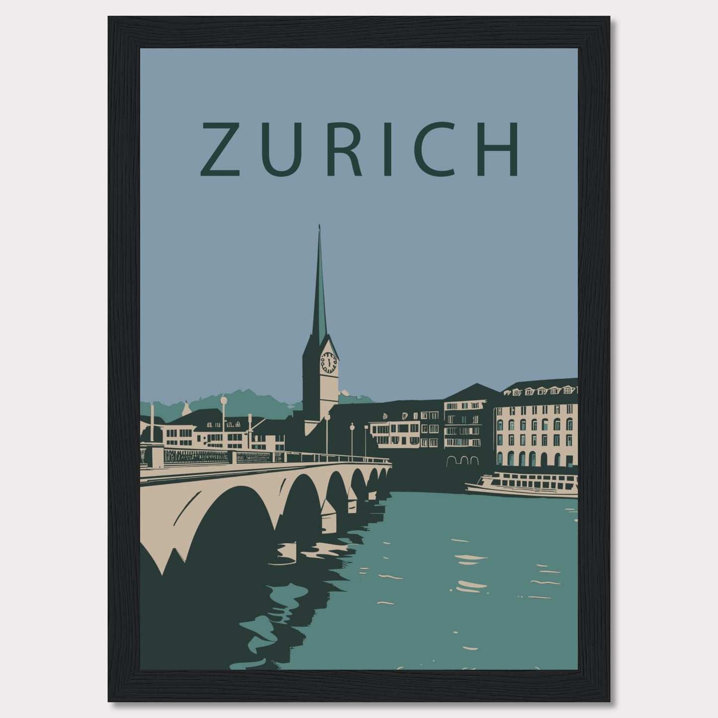 This poster features a serene illustration of Zurich, showcasing its iconic architecture and tranquil river scene.