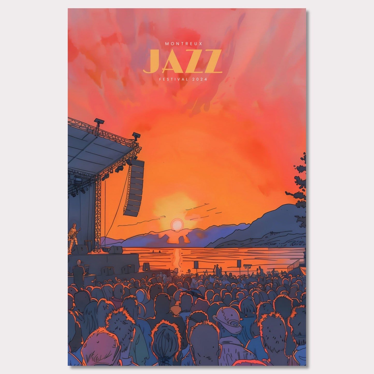 This vibrant poster showcases the Montreux Jazz Festival 2024, capturing the essence of a live outdoor concert at sunset. The scene is set with a large crowd facing a stage where a musician performs against a backdrop of a stunning sunset over a lake and mountains.