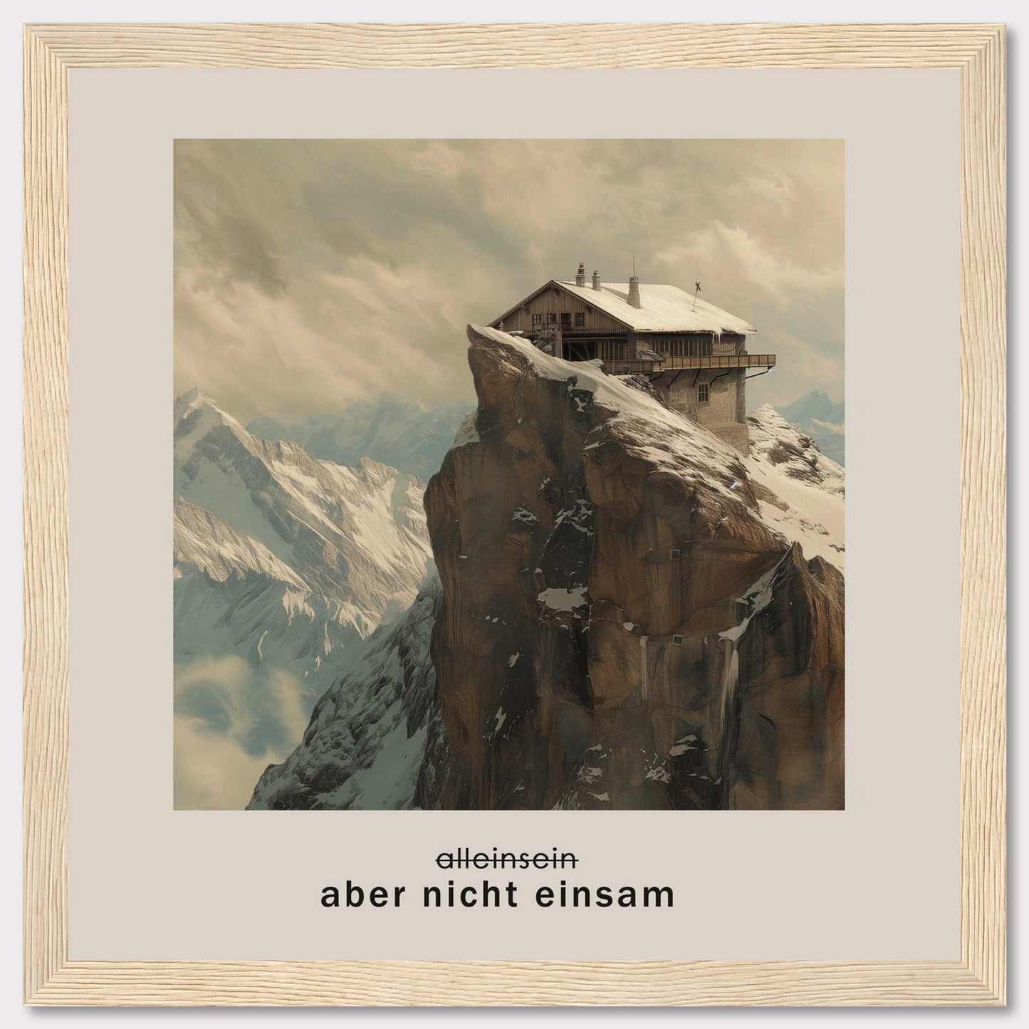 This image depicts a solitary house perched on a rugged, snow-covered mountain peak with a dramatic backdrop of towering mountains and a cloudy sky. The German text below the image reads "aber nicht einsam," which translates to "but not lonely."