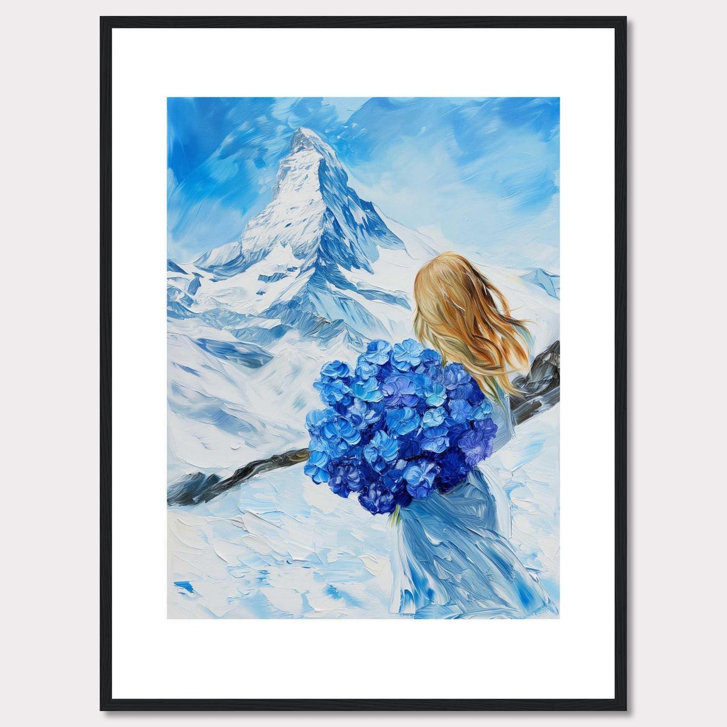 This captivating painting depicts a serene winter landscape with a majestic snow-covered mountain in the background. A woman with flowing blonde hair stands in the foreground, holding a vibrant bouquet of blue flowers. The sky is a brilliant shade of blue, complementing the snowy scenery.