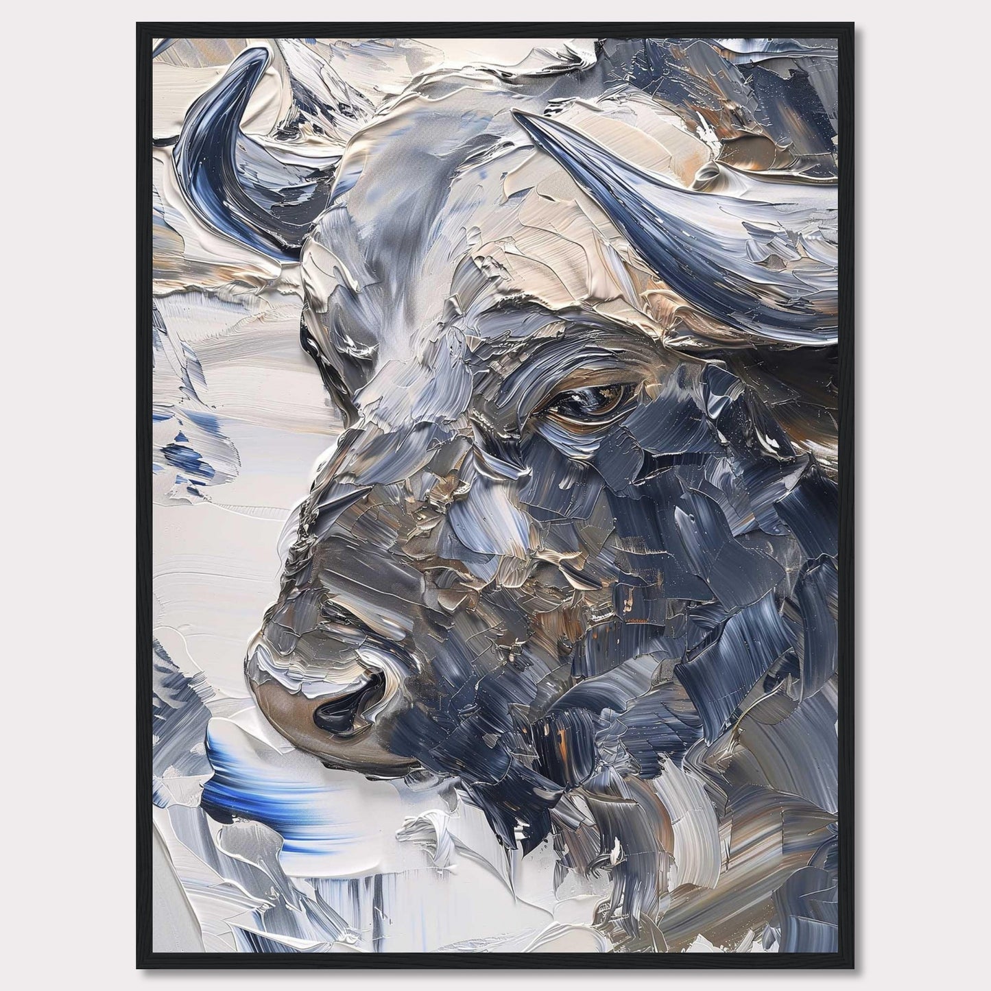 This stunning artwork captures the powerful essence of a bull through bold, textured brushstrokes. The painting's rich, earthy tones and dynamic use of color create a sense of strength and majesty.