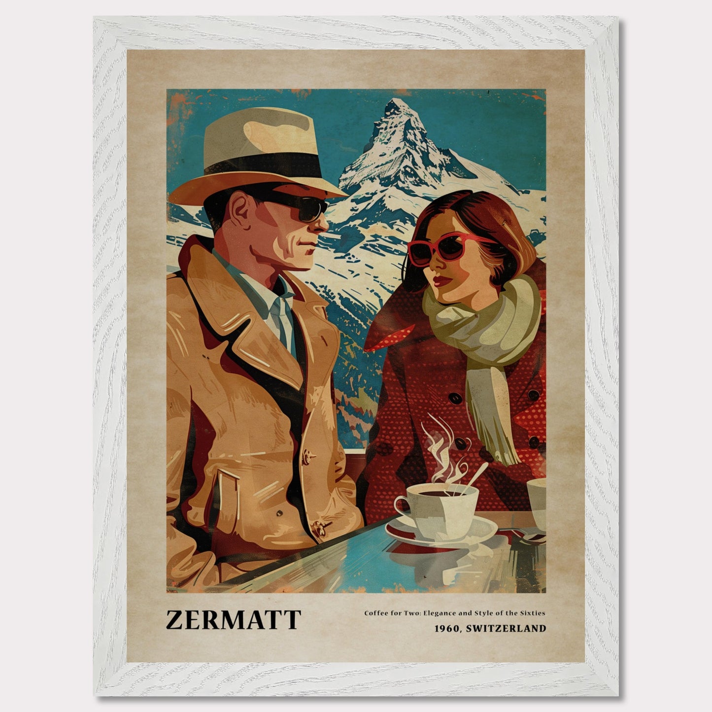 This vintage-style poster depicts a stylish couple enjoying coffee with a snowy mountain backdrop in Zermatt, Switzerland.