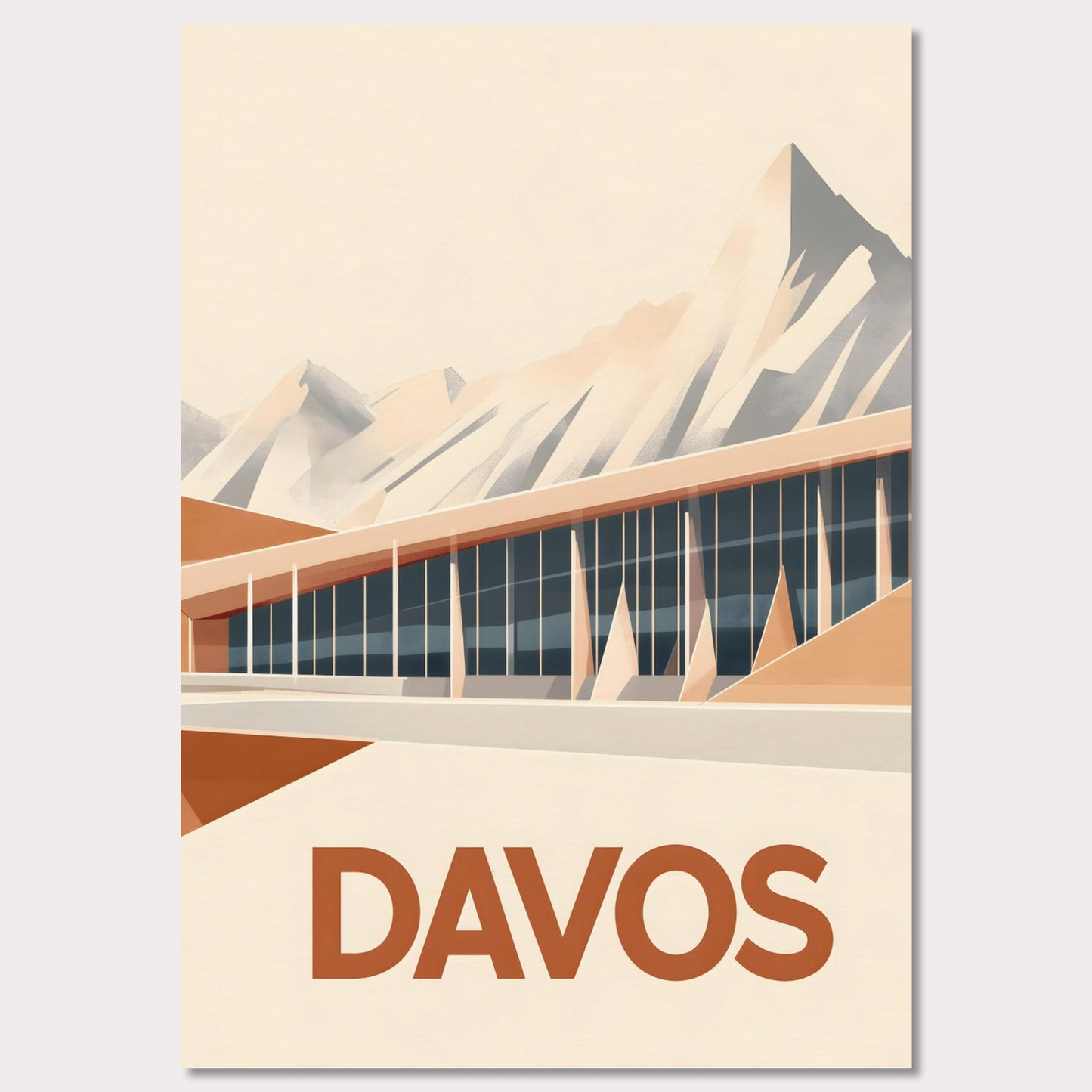 An artistic depiction of Davos, where a contemporary structure stretches along the base of snow-covered peaks. The smooth design of the building complements the sharp mountain ridges, creating a stunning contrast.