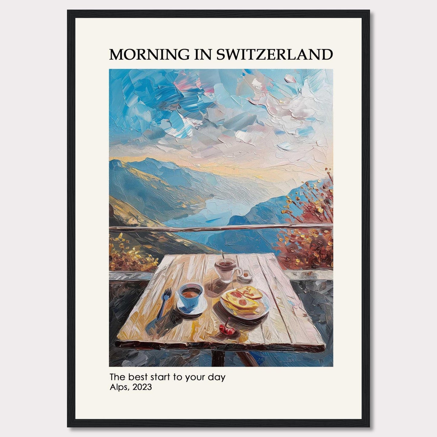 A serene morning in the Swiss Alps is depicted in this beautiful painting. The image showcases a wooden table set with a delightful breakfast, including coffee and pastries, against the backdrop of majestic mountains and a vibrant sky.