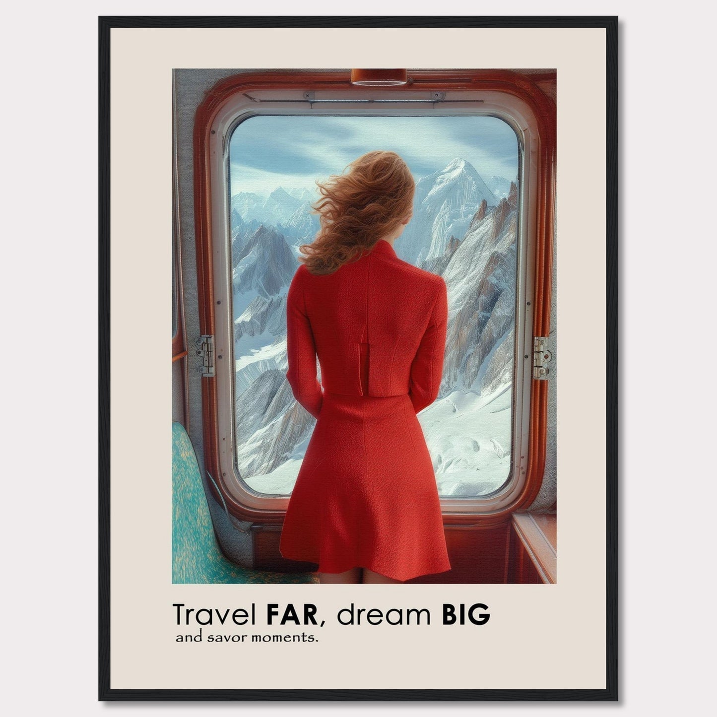 A woman in a red dress gazes out of a train window at majestic snow-covered mountains.