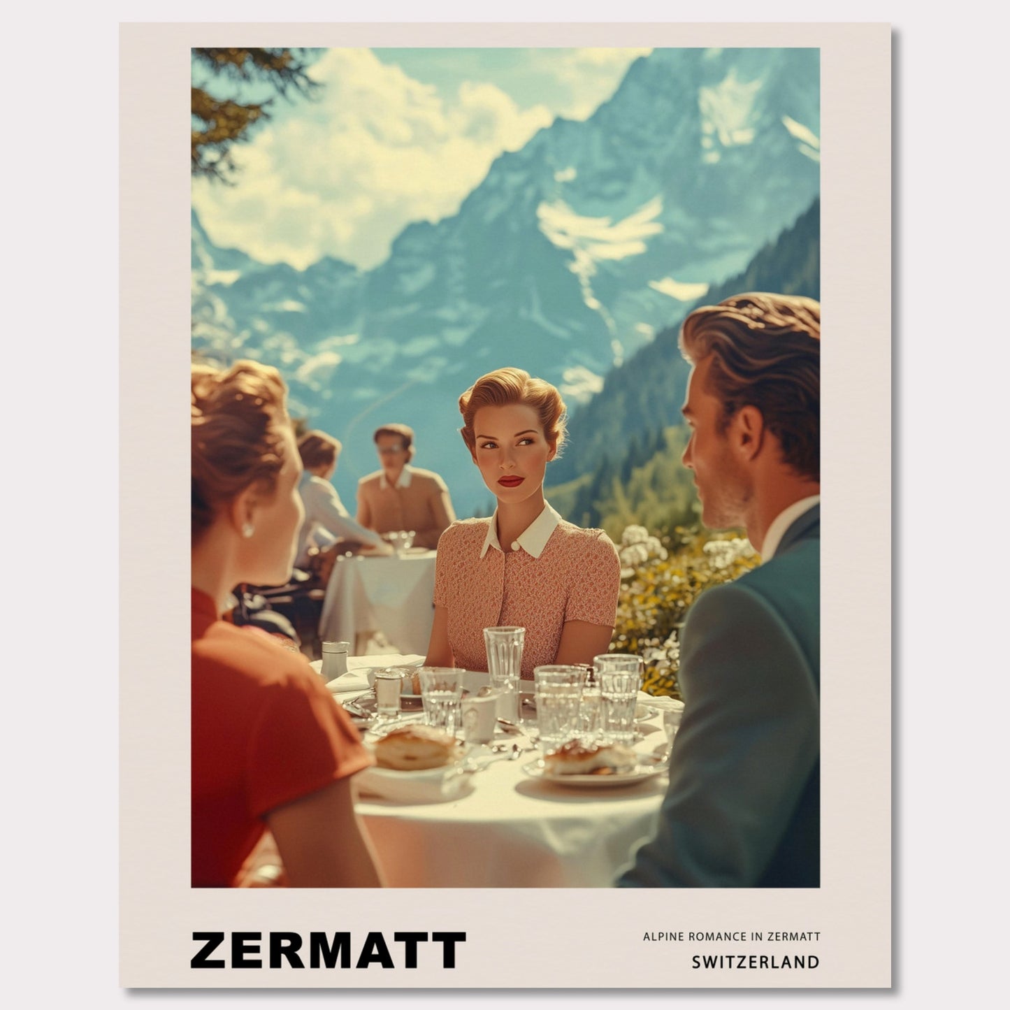 This poster transports us to a world of elegant romance amidst the mountainous landscapes of Zermatt, Switzerland. At the center of the scene is a refined woman with a romantic, enigmatic gaze directed at the man across the table on a café terrace, set against the majestic backdrop of the Alps. 