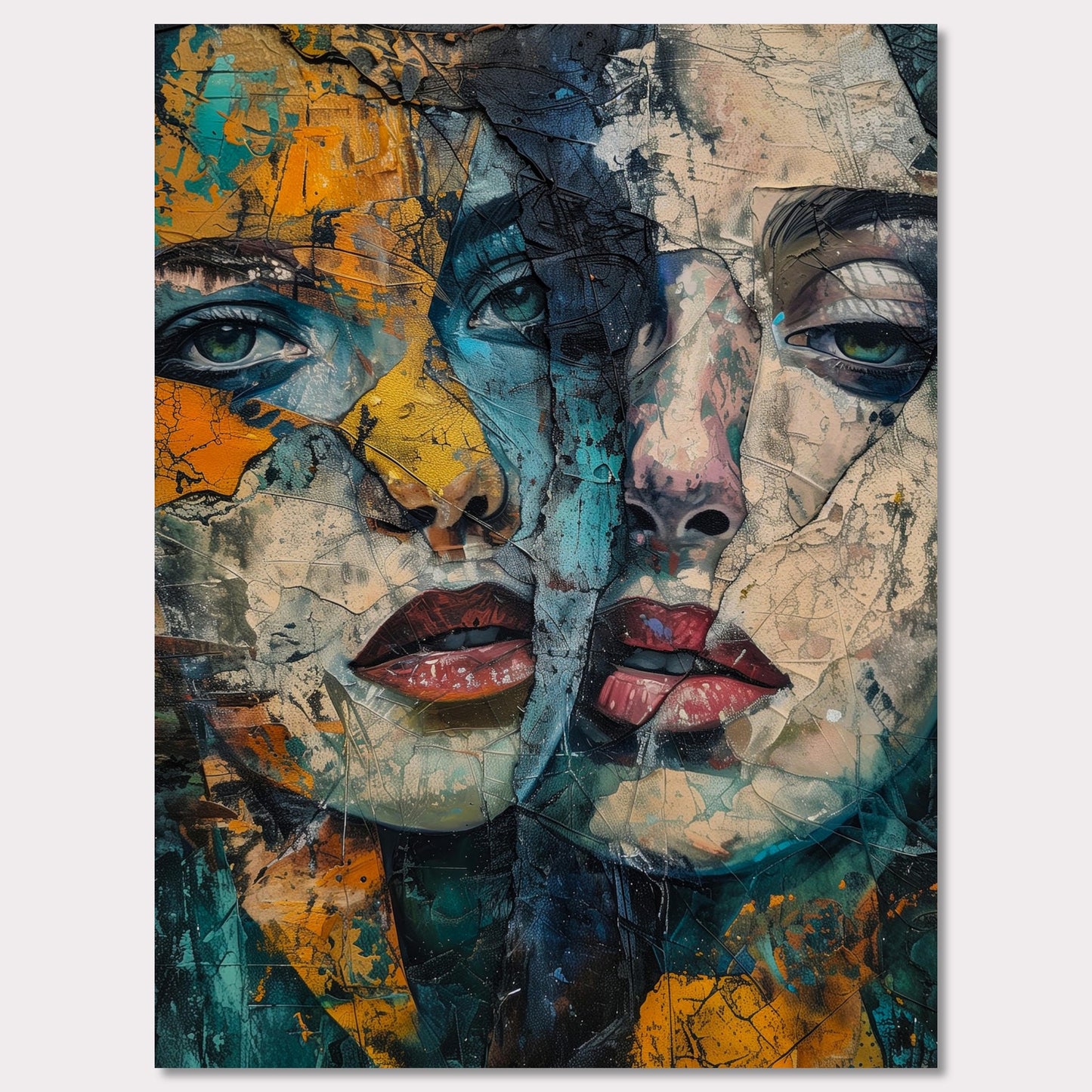 This captivating artwork features two intertwined, abstract faces with a rich blend of colors and textures. The painting exudes a sense of mystery and depth, drawing the viewer into its intricate details.