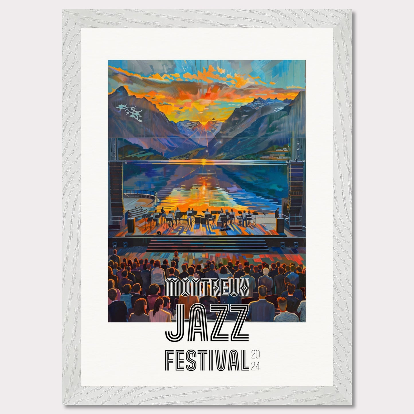 This vibrant poster showcases the Montreux Jazz Festival 2024. The image captures a stunning sunset over a serene lake surrounded by mountains, with a jazz band performing on an outdoor stage. The audience is depicted enjoying the music, creating a lively and engaging atmosphere.