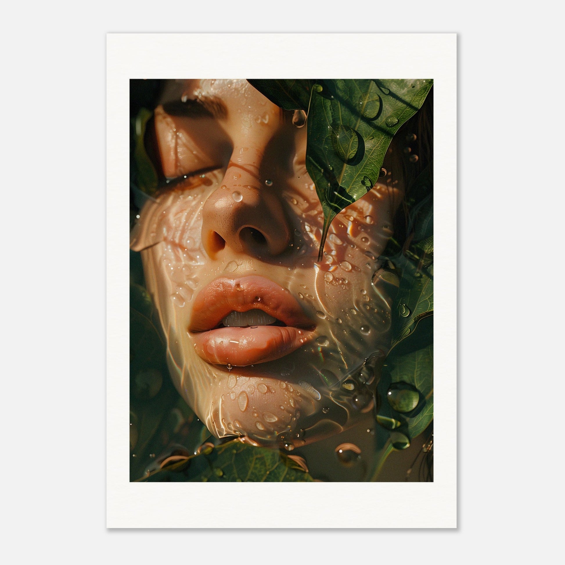 This is an artistic illustration depicting a close-up of a woman's face partially covered by leaves and water droplets.

This poster would fit well in a modern living room, bedroom, or office space, adding a touch of nature and surreal beauty to the decor.