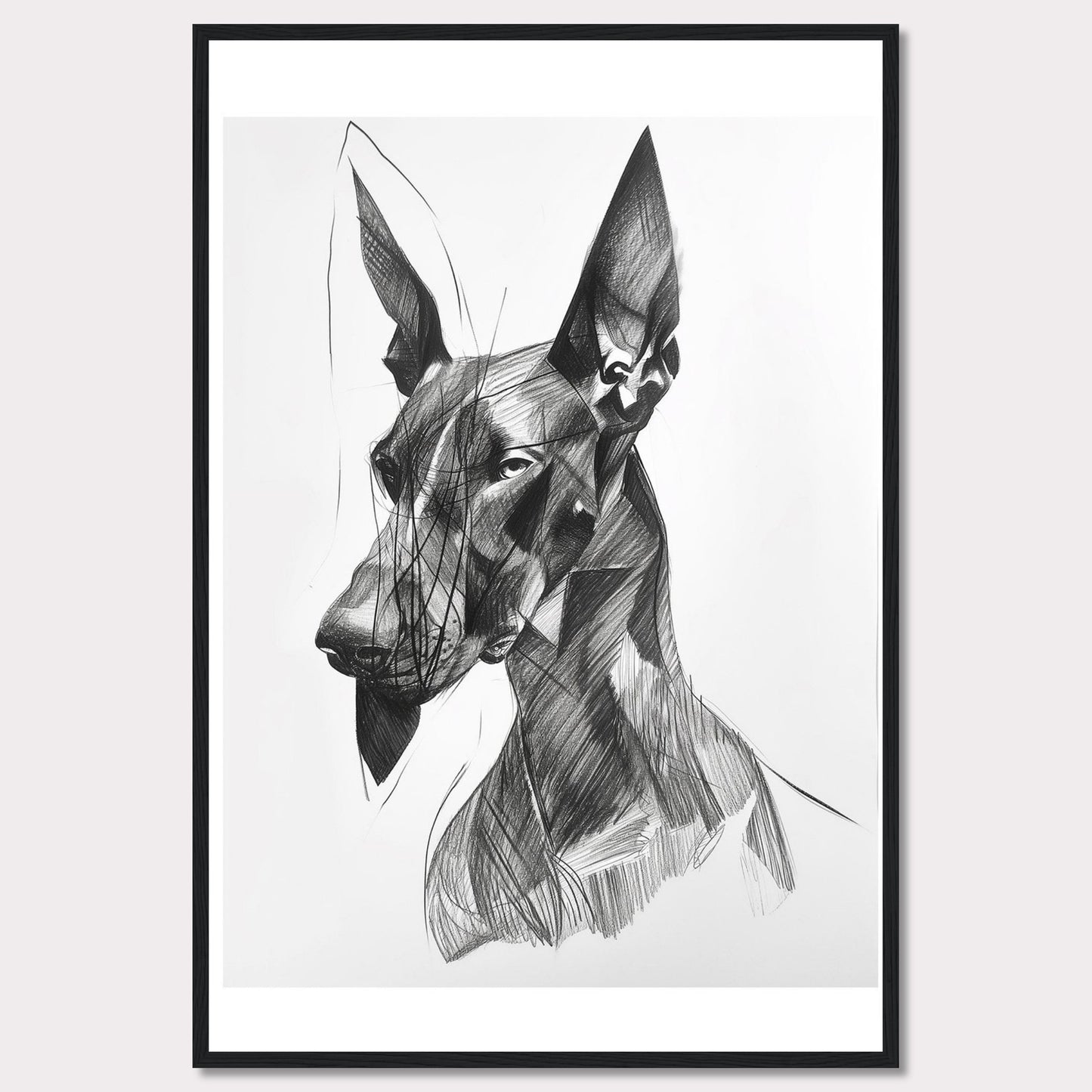 This captivating artwork features a detailed, abstract sketch of a dog, showcasing intricate lines and shading. The black and white composition highlights the dog's expressive eyes and strong features, creating a striking visual impact. The minimalist background emphasizes the subject, making it a perfect piece for modern decor.