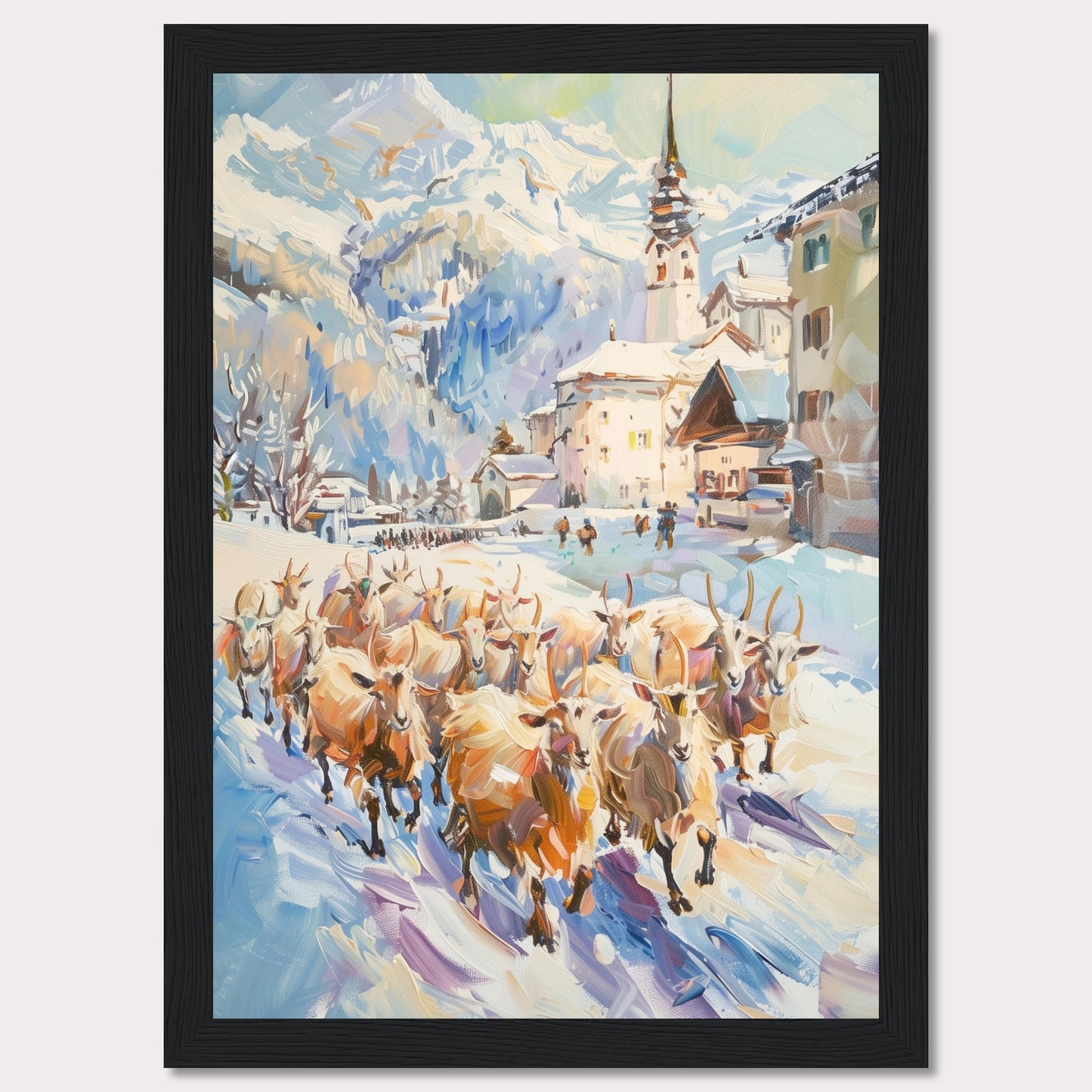 This captivating painting depicts a serene winter village scene with a herd of sheep being guided through the snow-covered streets. The backdrop features majestic snow-capped mountains and charming alpine architecture, including a prominent church steeple.