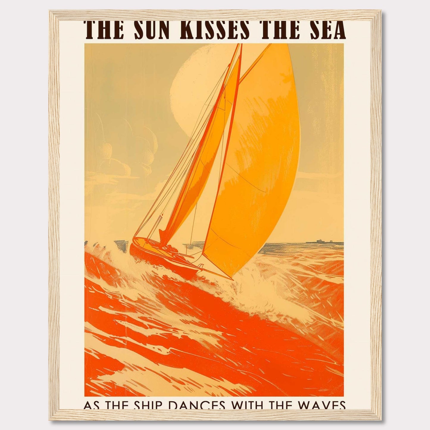 This vibrant poster captures the essence of sailing with a bright orange sailboat cutting through the waves under a warm sun. The bold text reads, "THE SUN KISSES THE SEA" and "AS THE SHIP DANCES WITH THE WAVES," evoking a sense of adventure and freedom.