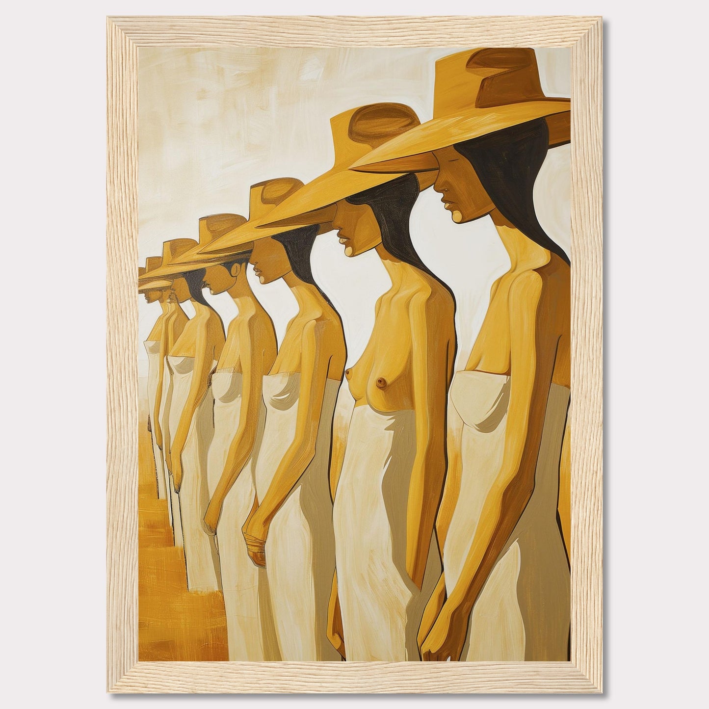 This striking artwork features a row of women standing in profile, each wearing a large hat and draped in a simple cloth. The painting captures a sense of unity and individuality through its minimalist style and warm color palette.