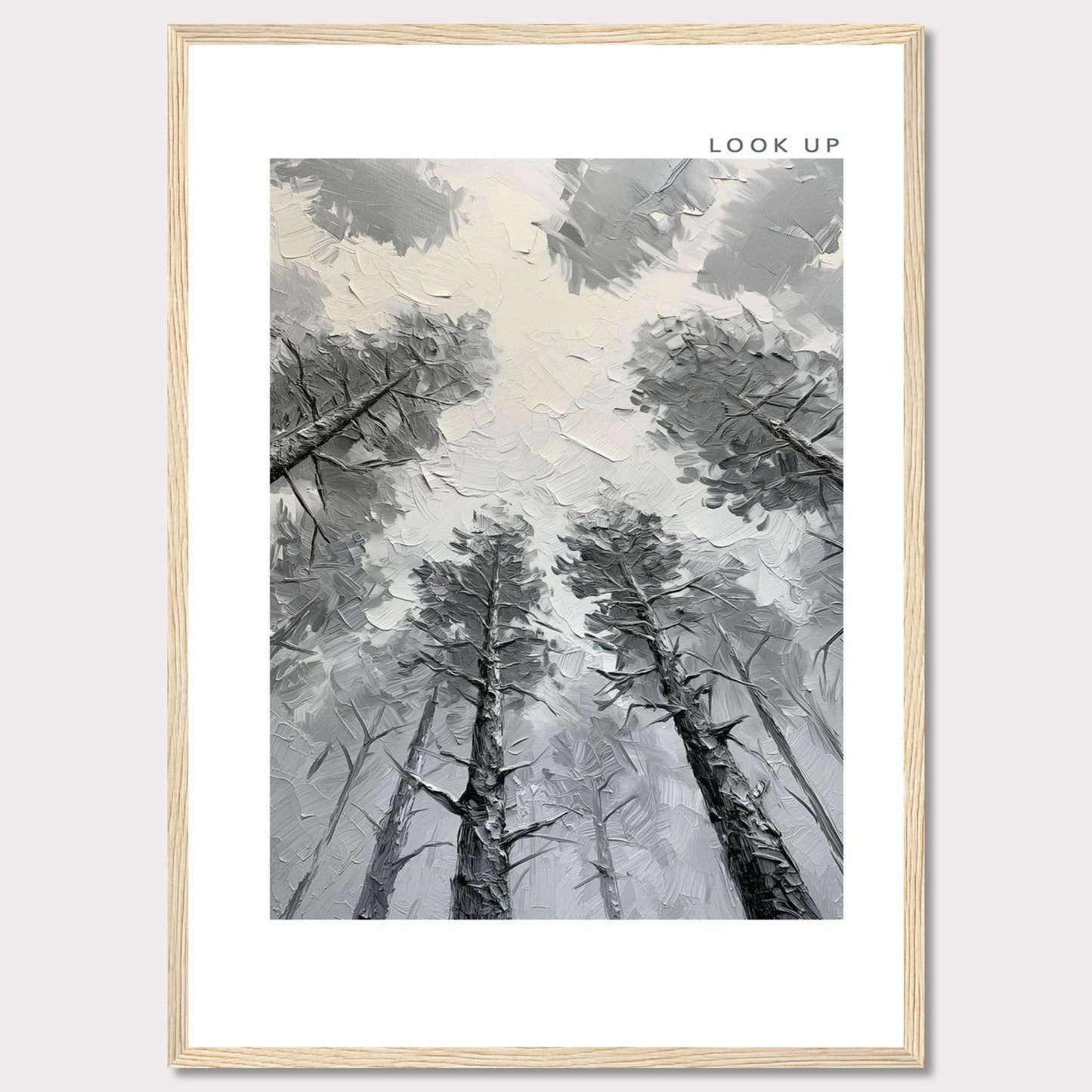 This image depicts an artistic rendering of tall trees viewed from the ground looking up, creating a sense of depth and wonder. The artwork is framed in black with the words "LOOK UP" at the top right corner.