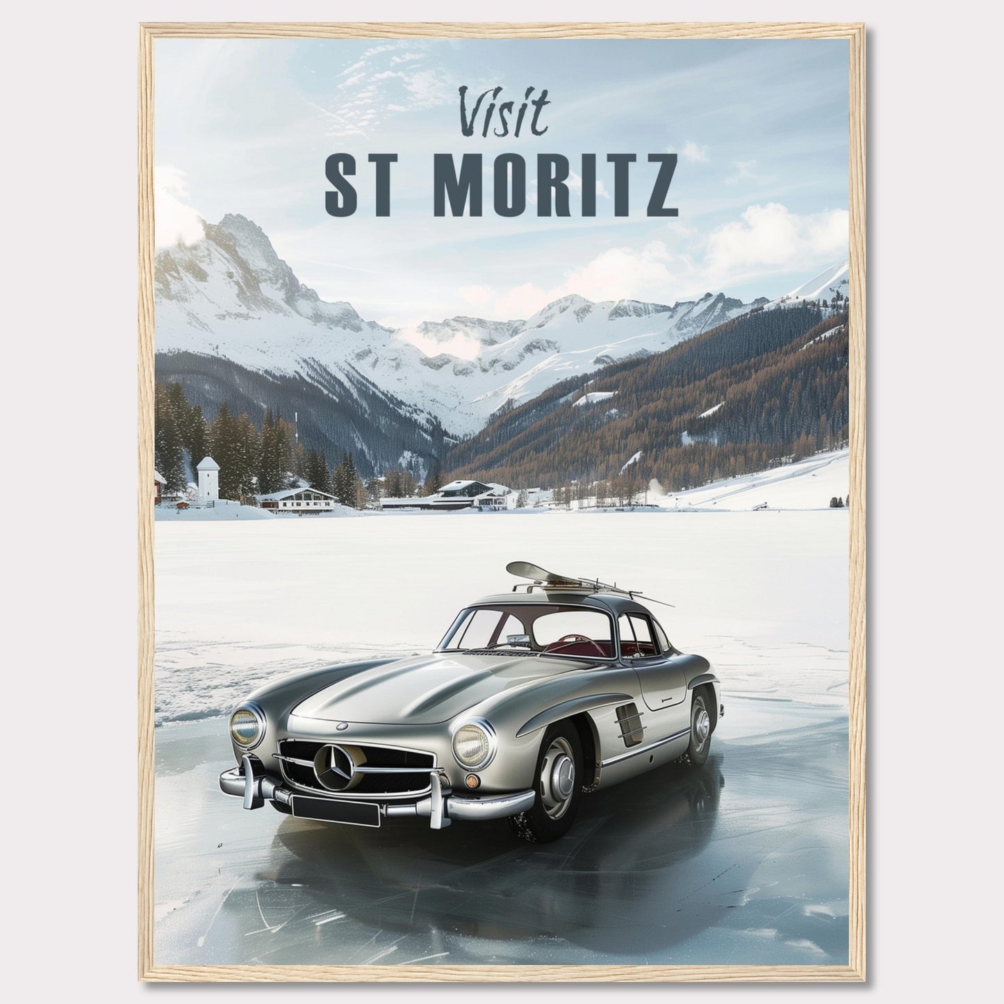 Discover the breathtaking beauty of St. Moritz with this stunning poster. Featuring a classic silver car parked on a frozen lake, surrounded by majestic snow-capped mountains and cozy alpine chalets.