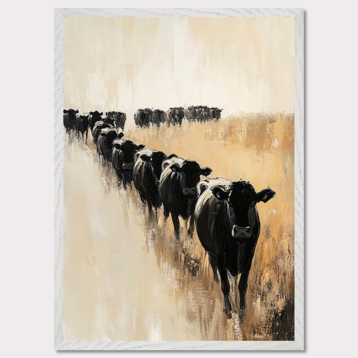 This captivating artwork portrays a herd of black cows walking in a line across a serene, golden field. The abstract brush strokes and muted color palette evoke a sense of calm and tranquility.