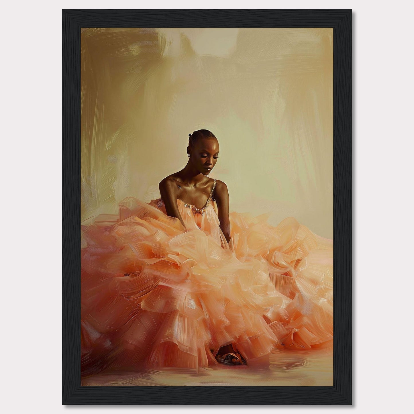 This captivating image features a serene woman in an elegant, voluminous peach gown. The soft, flowing fabric of the dress creates a dreamy and ethereal atmosphere. The background is a subtle blend of warm tones, enhancing the tranquil mood of the scene. The woman's poised and contemplative expression adds depth to the composition.