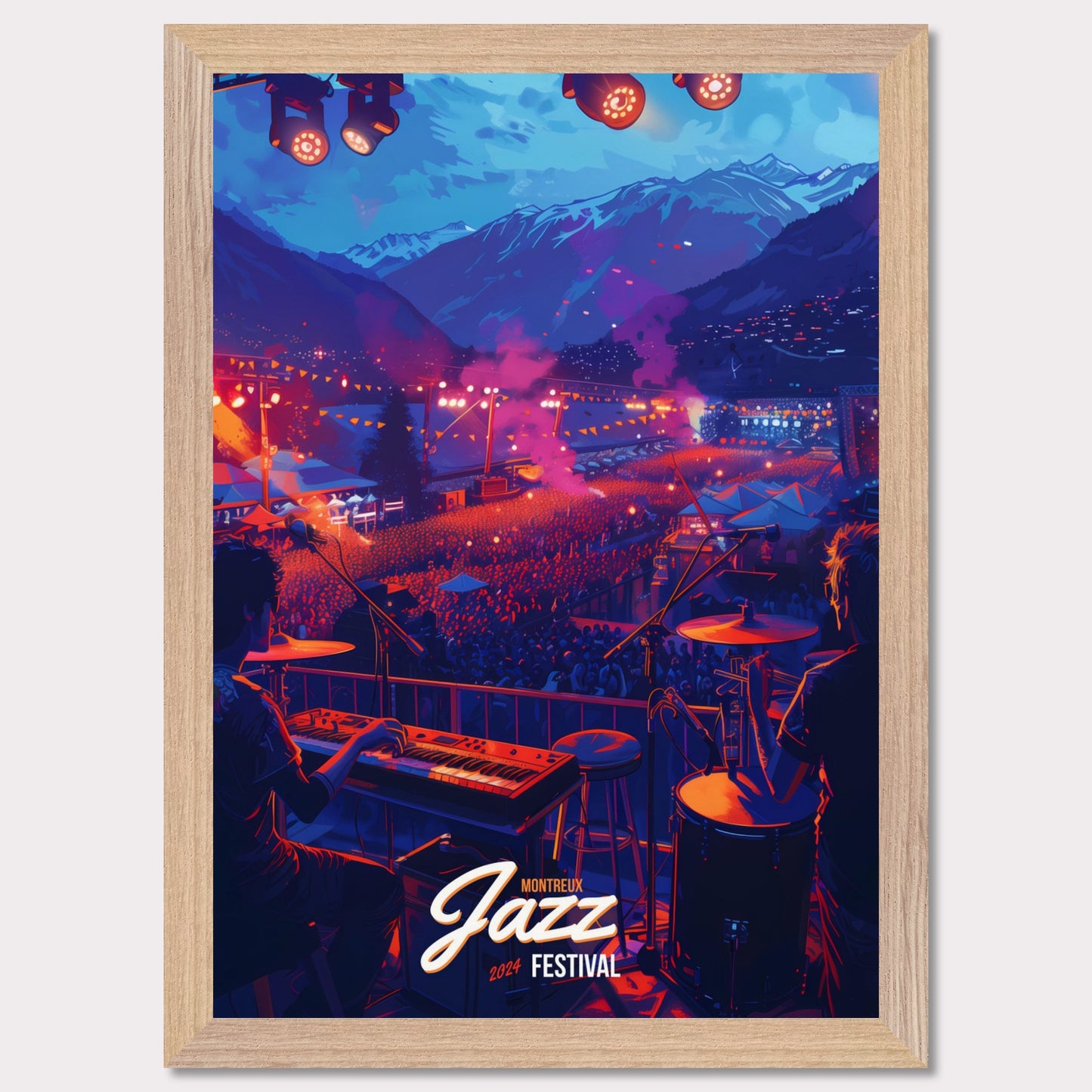 Experience the magic of the Montreux Jazz Festival 2024! This vibrant poster captures the essence of a live performance with a stunning mountain backdrop, colorful stage lights, and an enthusiastic crowd. Feel the rhythm, join the celebration, and be part of this unforgettable musical journey!