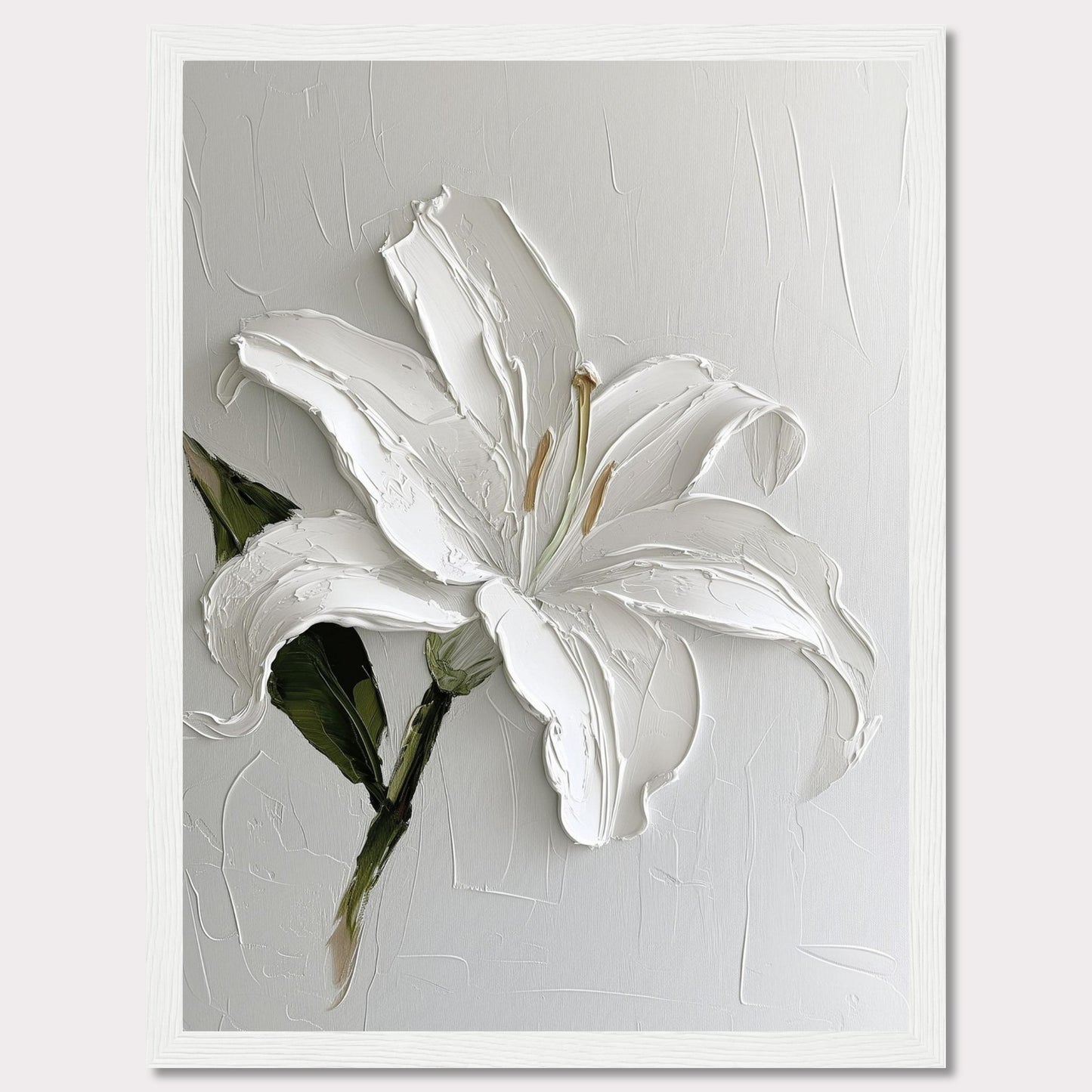 This image showcases a stunning textured painting of a white lily, elegantly framed in black. The thick brushstrokes add depth and dimension to the petals, creating a lifelike appearance. The background is kept minimal, allowing the flower to be the focal point.