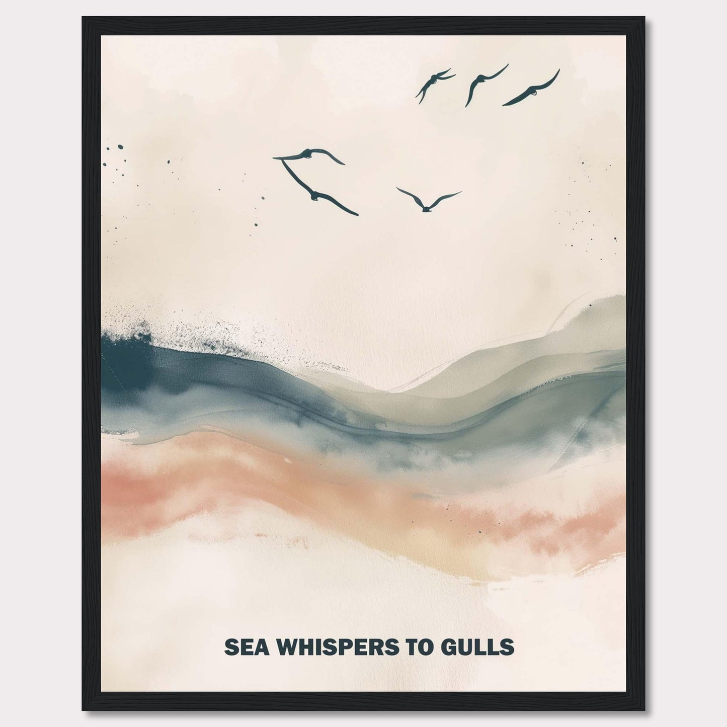 This serene artwork features a minimalist design with gentle waves and flying gulls. The soothing colors create a tranquil atmosphere, perfect for any space needing a touch of calm. The text "SEA WHISPERS TO GULLS" adds a poetic element to the piece.