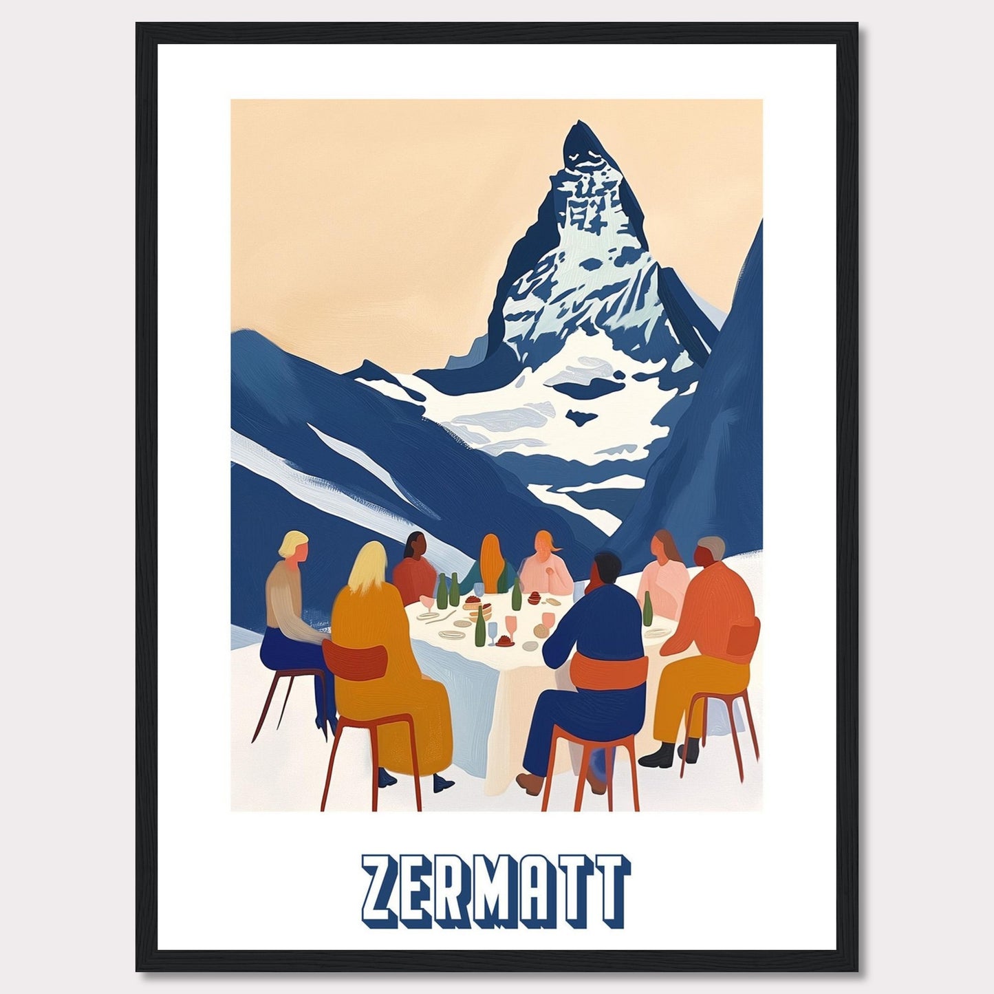 A vibrant and artistic illustration of a group of people dining outdoors with the majestic Matterhorn mountain in the background. The scene captures the essence of Zermatt, Switzerland.