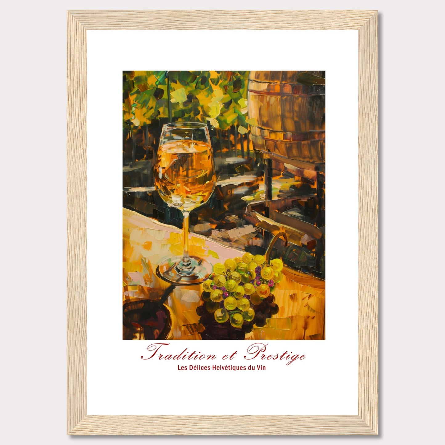 This image showcases a beautifully painted scene of a wine glass filled with white wine, set against a backdrop of a vineyard. The painting captures the essence of tradition and prestige in winemaking.