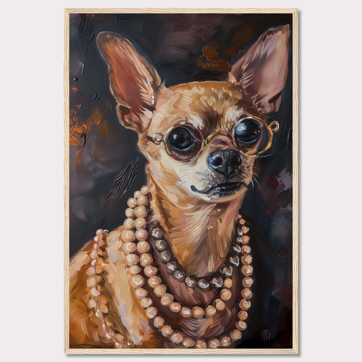 This captivating artwork features a stylish Chihuahua wearing round glasses and multiple strands of pearls. The painting exudes elegance and charm, making it a perfect statement piece for any room.