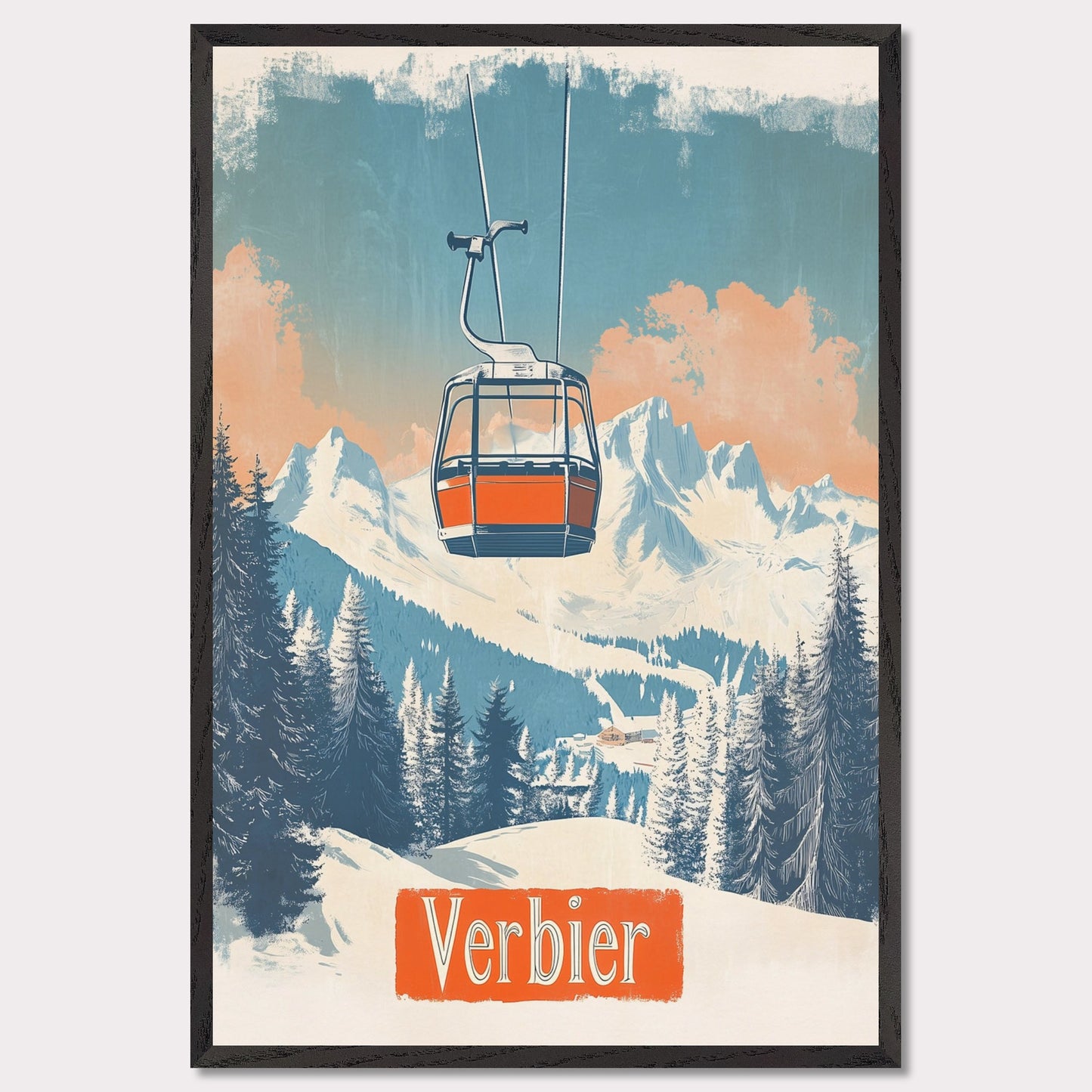 This picturesque retro-inspired poster showcases a vibrant orange gondola gracefully ascending the snowy mountainside of Verbier. The tranquil beauty of the landscape is captured with soft pastel tones in the sky, complemented by the rugged peaks in the distance. The modern gondola stands in contrast to the pristine, snow-covered trees, evoking a sense of peaceful adventure and the journey to the mountain’s summit. The vintage art style enhances the nostalgic vibe of alpine exploration.