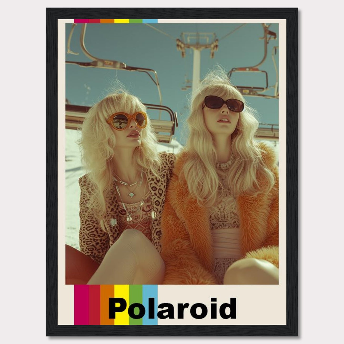 This vibrant Polaroid poster captures two stylish women wearing retro outfits and sunglasses, enjoying a sunny day on a ski lift.