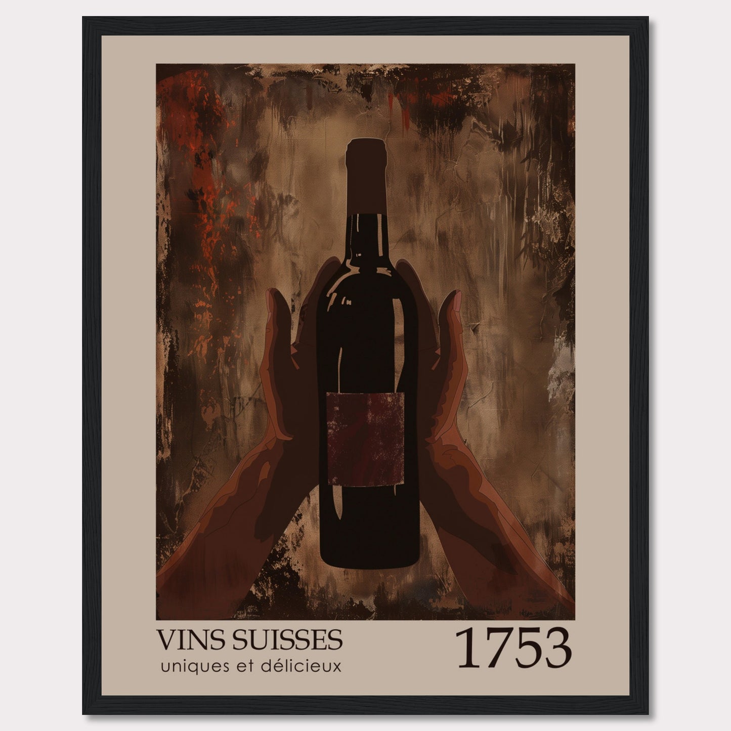 This image showcases a framed poster featuring a bottle of wine held by two hands against an abstract, textured background.