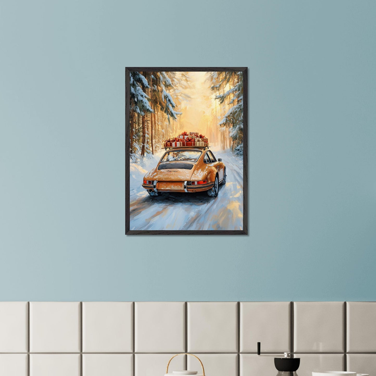 This festive poster showcases a yellow Porsche navigating a snow-covered path with holiday presents stacked on its roof. The warm glow from the trees lining the road creates a magical winter scene, while the "Merry Christmas" typography evokes the warmth and joy of the holiday season. The combination of sleek design and a peaceful winter landscape makes this a perfect holiday greeting.