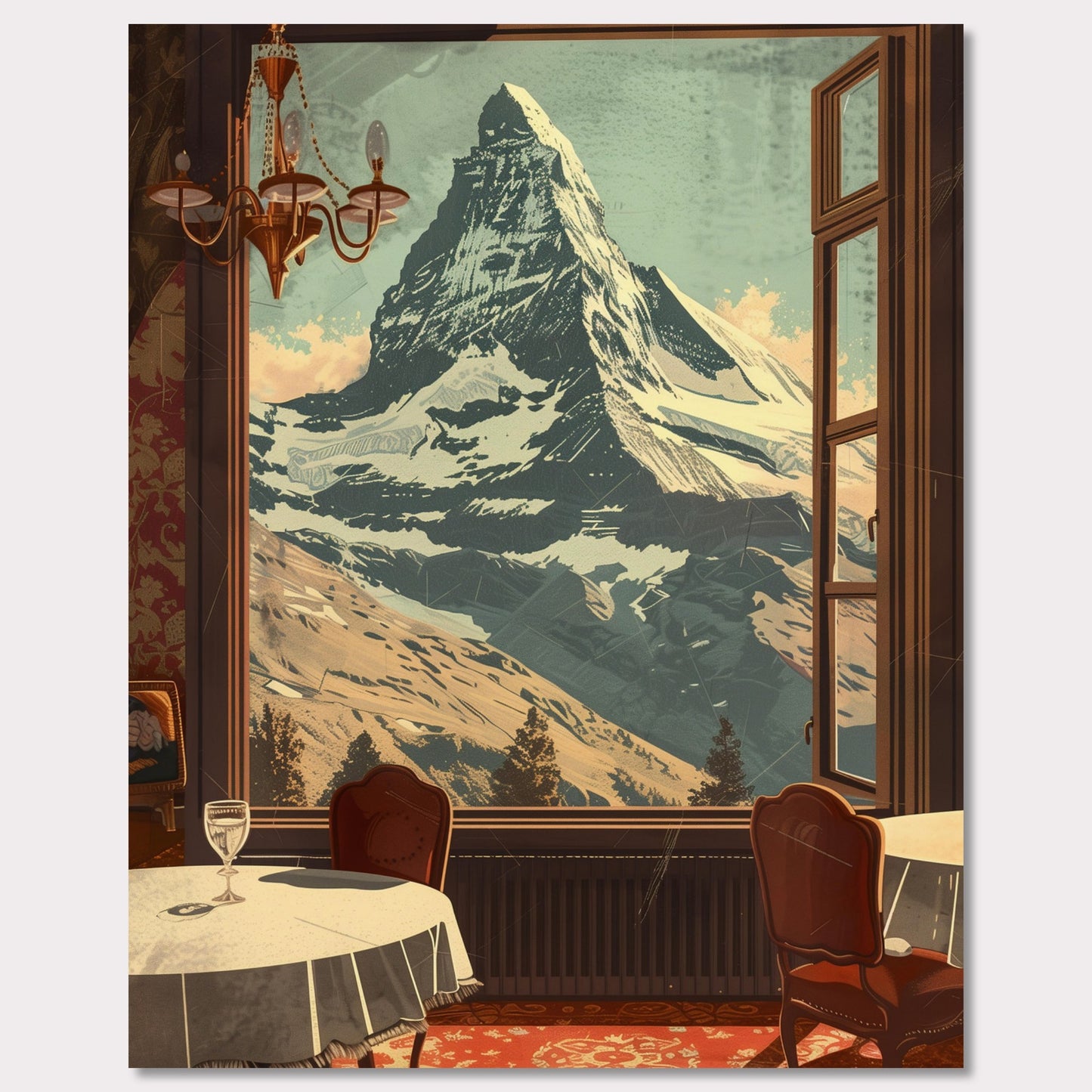 Witness the breathtaking view of a majestic snow-capped mountain through an elegantly framed window. This serene setting features a cozy dining area with classic furniture, a radiant chandelier, and a beautifully patterned carpet.