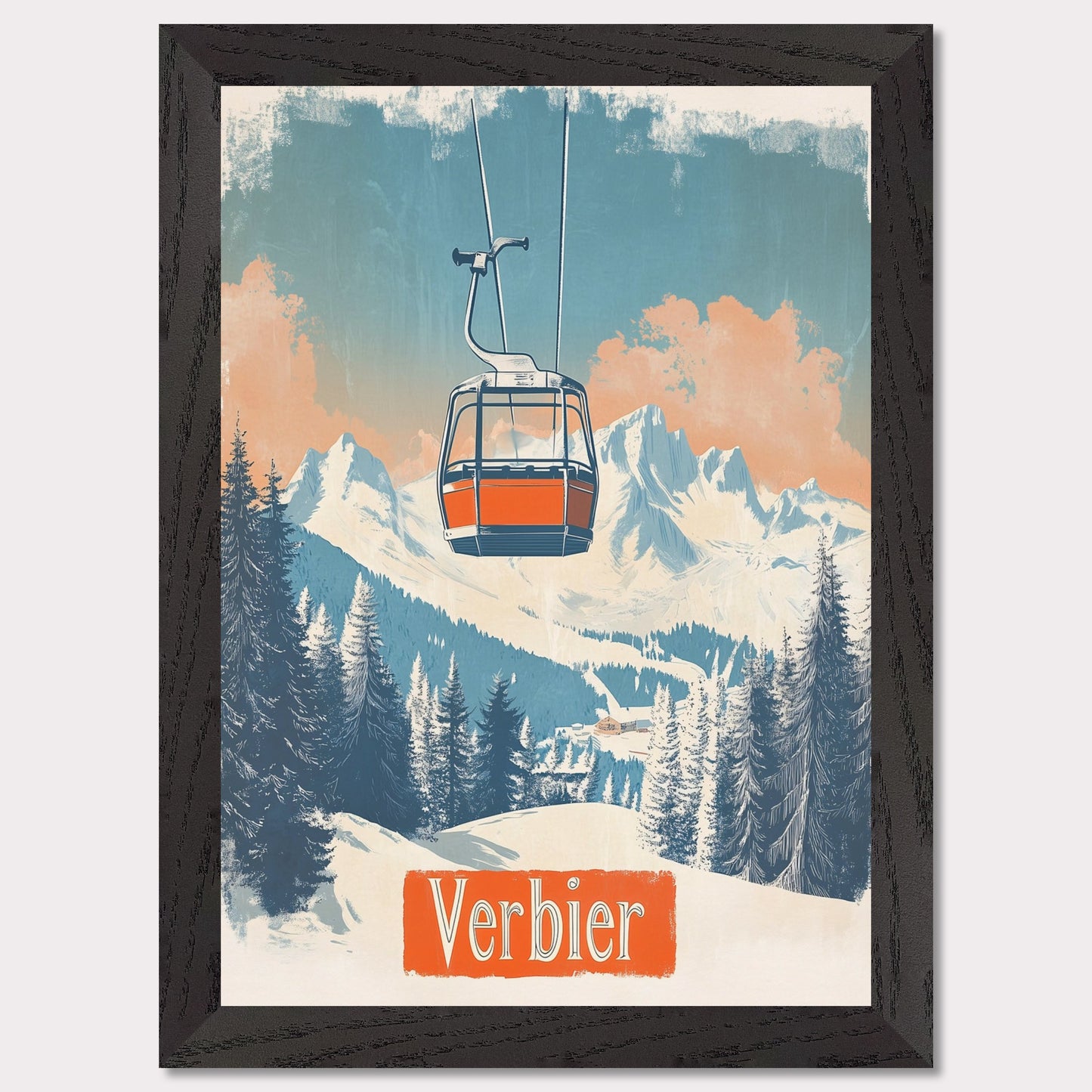 This picturesque retro-inspired poster showcases a vibrant orange gondola gracefully ascending the snowy mountainside of Verbier. The tranquil beauty of the landscape is captured with soft pastel tones in the sky, complemented by the rugged peaks in the distance. The modern gondola stands in contrast to the pristine, snow-covered trees, evoking a sense of peaceful adventure and the journey to the mountain’s summit. The vintage art style enhances the nostalgic vibe of alpine exploration.